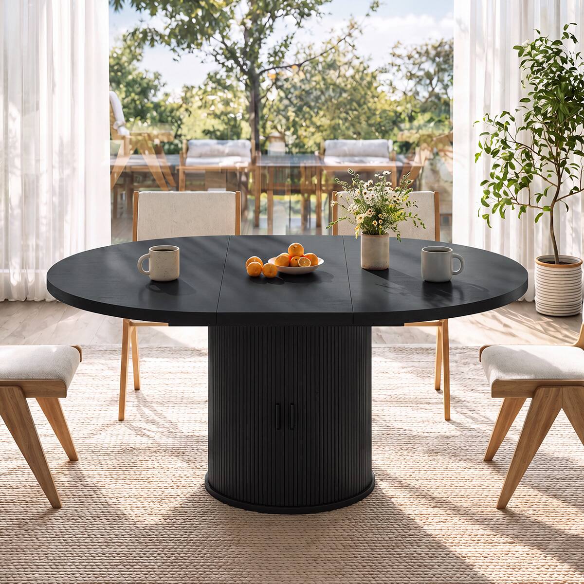 Alt View 3. Dyonery - Extendable Dining Table 43-59" for 4-6 People, Round Kitchen Table with Fluted Slide Door & 8-Compartment Storage - Black.
