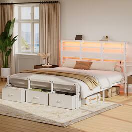 Pinmoco - LED Storage Bed Platform Bed Frame with 2/3 Drawers Charging Station and Adjustable Height - White