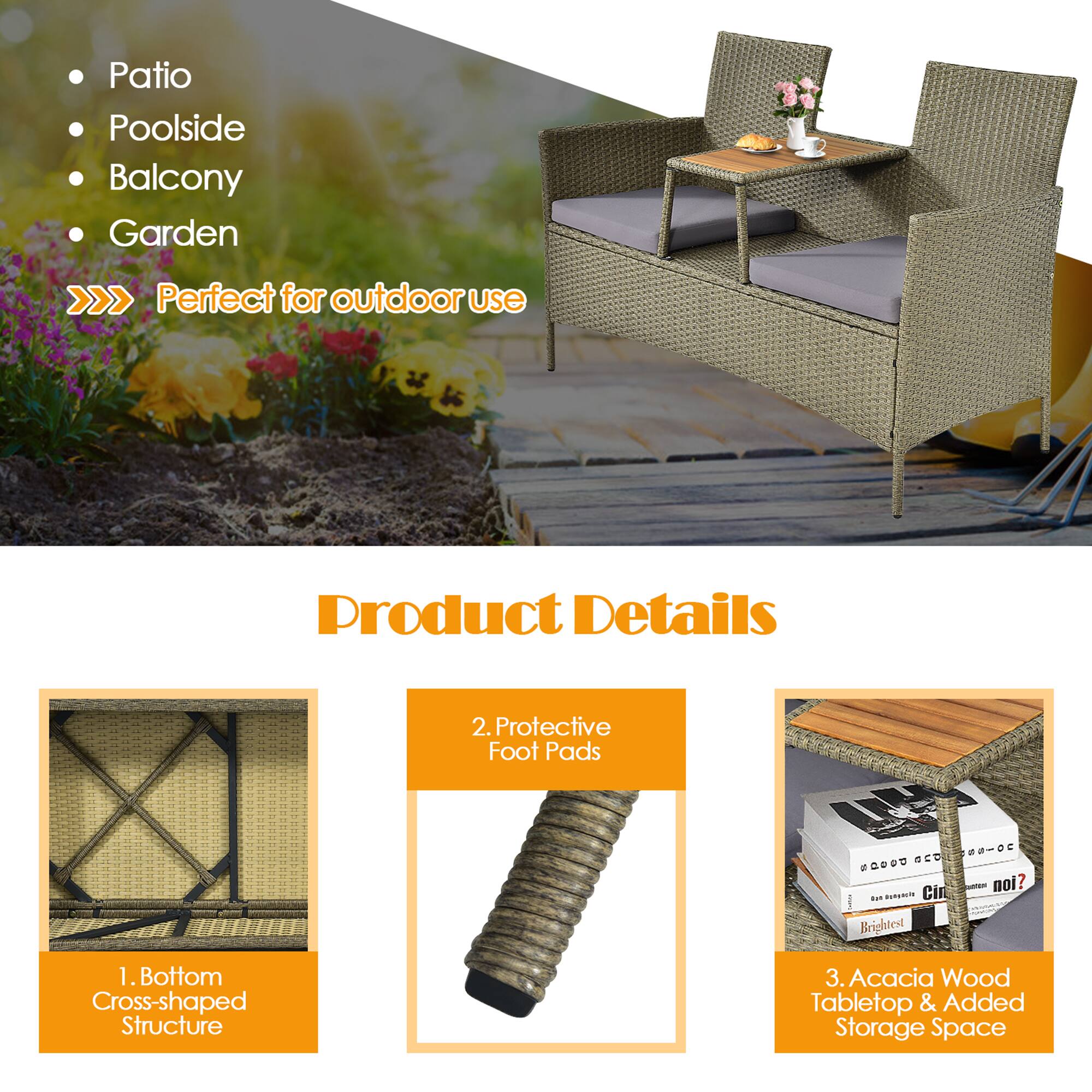 Patio Poolside Balcony Garden  
Perfect for outdoor use  

Product Details  
1. Bottom Cross-shaped Structure  
2. Protective Foot Pads  
3. Acacia Wood Tabletop & Added Storage Space