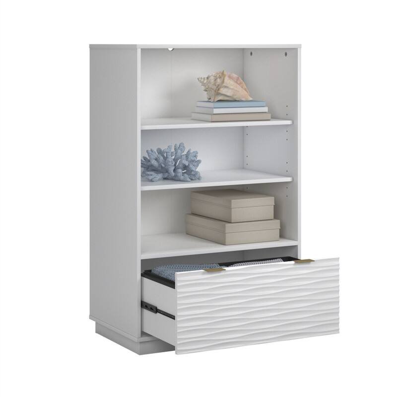 Alt View 4. HTUTWOO - Coastal Bookcase With Lower Drawer - Adjustable Library Shelf with File Drawer,48.35" Tall Horizontal Storage Cabinet - White.