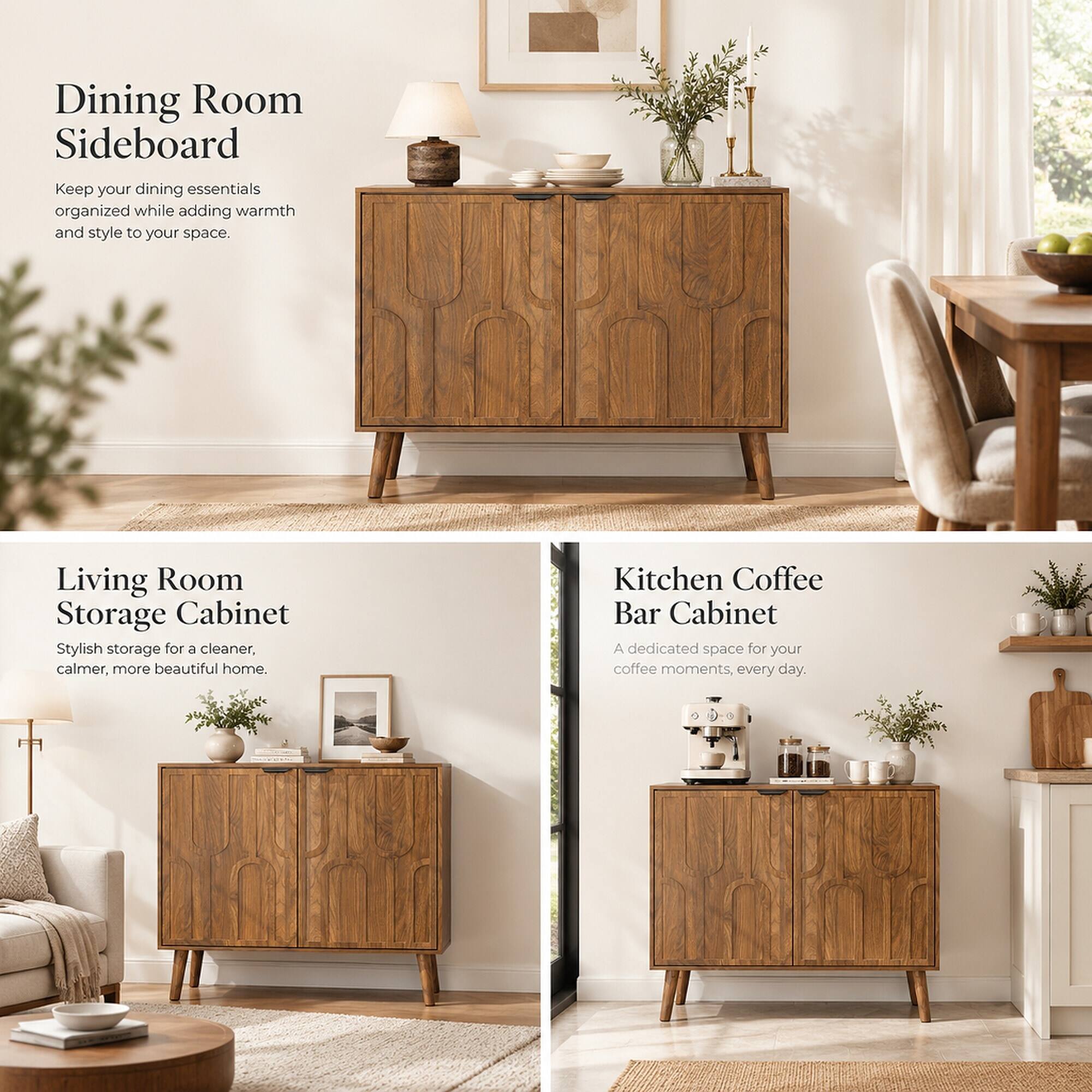 Dining Room Sideboard  
Keep your dining essentials organized while adding warmth and style to your space.

Living Room Storage Cabinet  
Stylish storage for a cleaner, calmer, more beautiful home.

Kitchen Coffee Bar Cabinet  
A dedicated space for your coffee moments, every day.