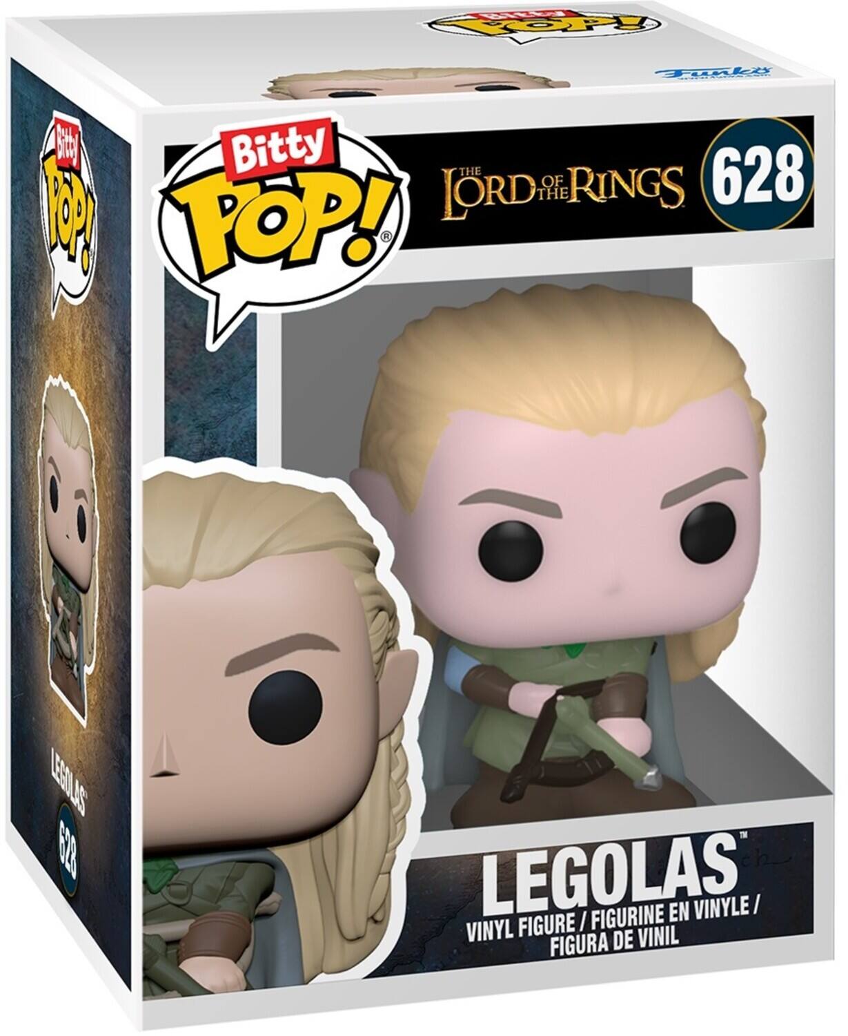 The text can be grouped as follows:

- "Bitty POP! THE LORD OF THE RINGS 628"
- "LEGOLAS VINYL FIGURE / FIGURINE EN VINYLE / FIGURA DE VINIL"