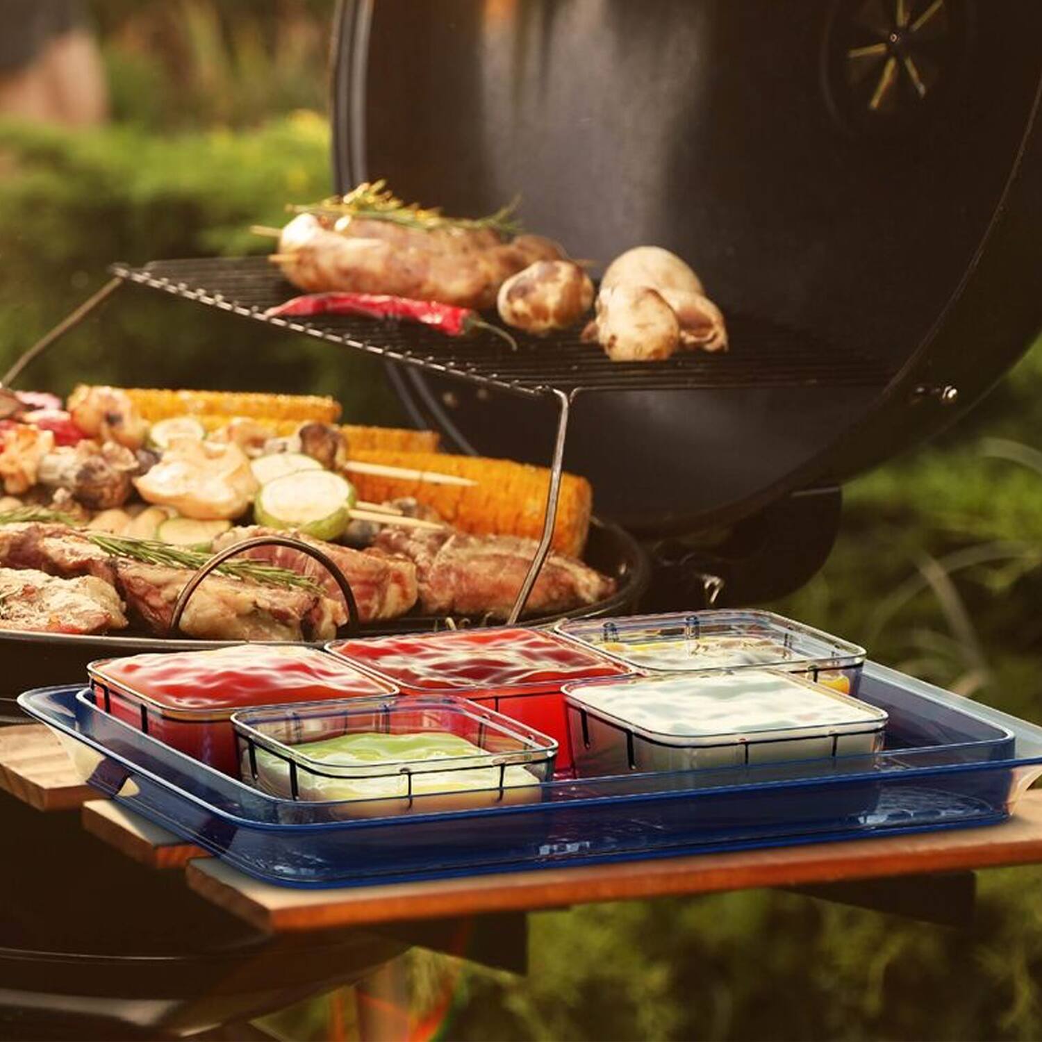 Back. Jay Import - Indigo Blue Acrylic Tray & Clear Dishes with Lids.