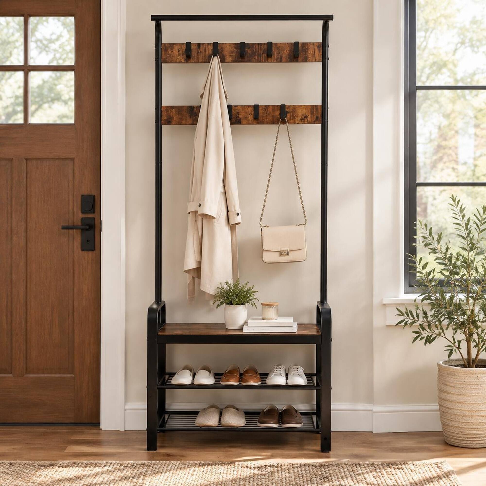Front. RYHNUYNE - 4-in-1 Hall Tree Coat Rack, Shoe Bench, 9 Removable Hooks, Hanging Rod, Rustic Brown and Black, 13.8 x 25.2 x 72.8 - Brown.