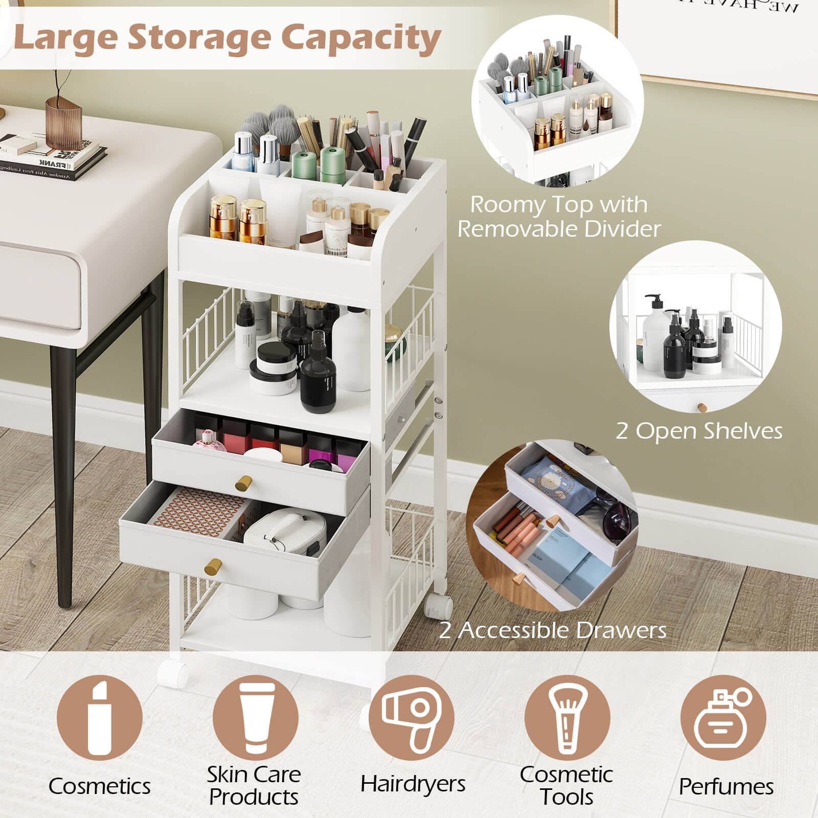 Large Storage Capacity

- Roomy Top with Removable Divider
- 2 Open Shelves
- 2 Accessible Drawers

Cosmetics
Skin Care Products
Hairdryers
Cosmetic Tools
Perfumes