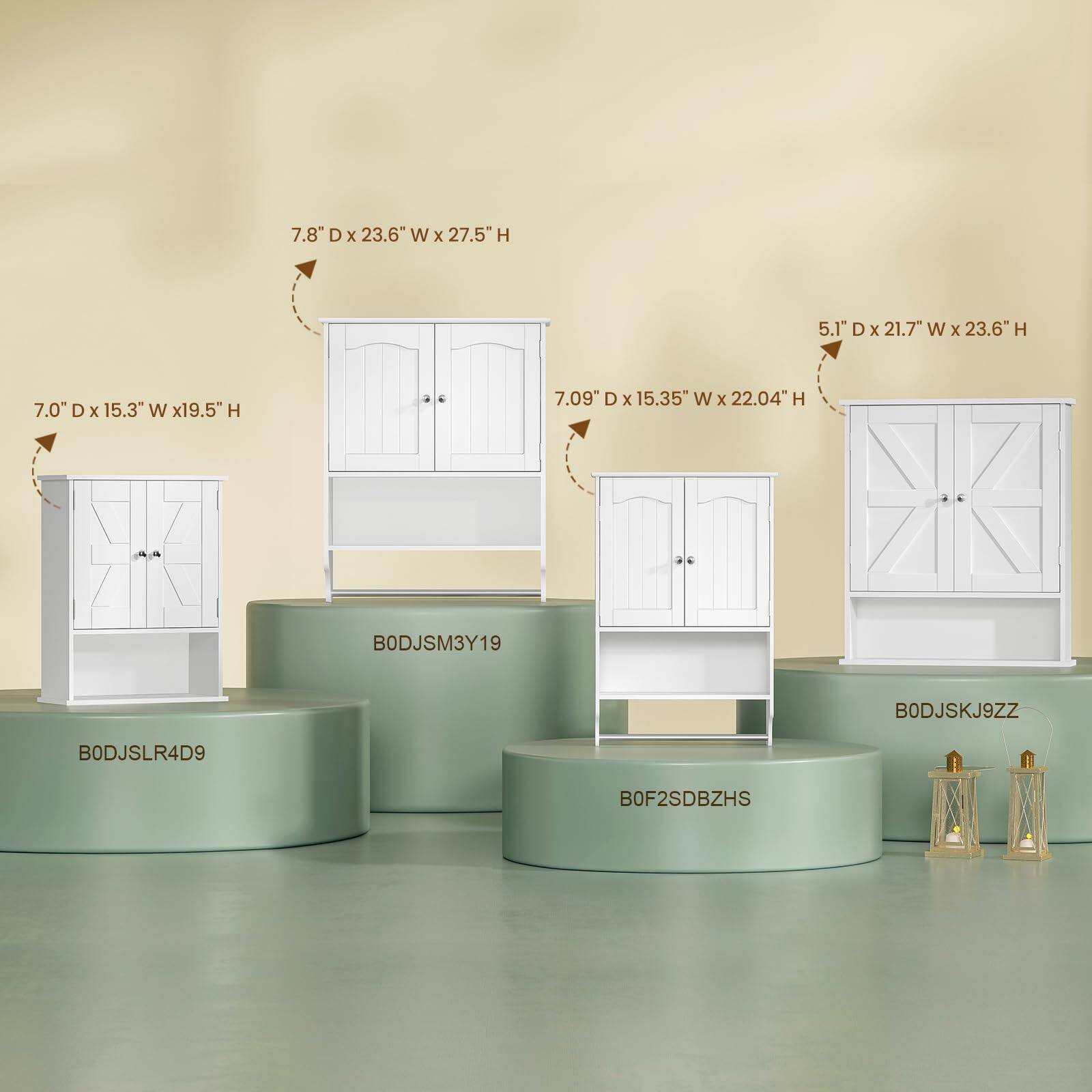 7.8" D x 23.6" W x 27.5" H  
5.1" D x 21.7" W x 23.6" H  
7.0" D x 15.3" W x 19.5" H  
7.09" D x 15.35" W x 22.04" H  

BODJSM3Y19  
BODJSKJ9ZZ  
BODJSLR4D9  
BOF2SDBZHS