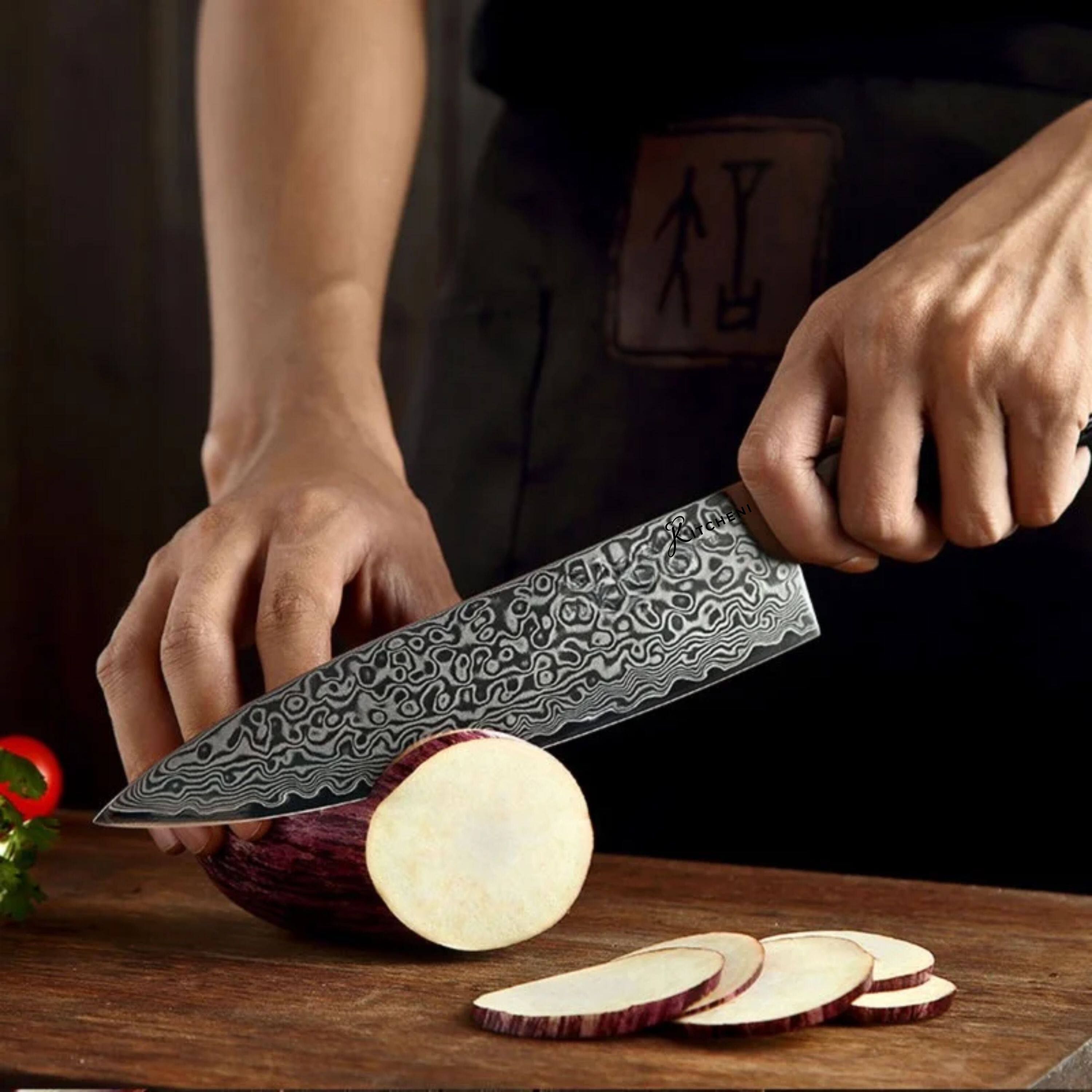 Left. Kitcheniva - 8-Inch 67 Layer Damascus Steel Chefs Knife with Pakka Wood Handle.