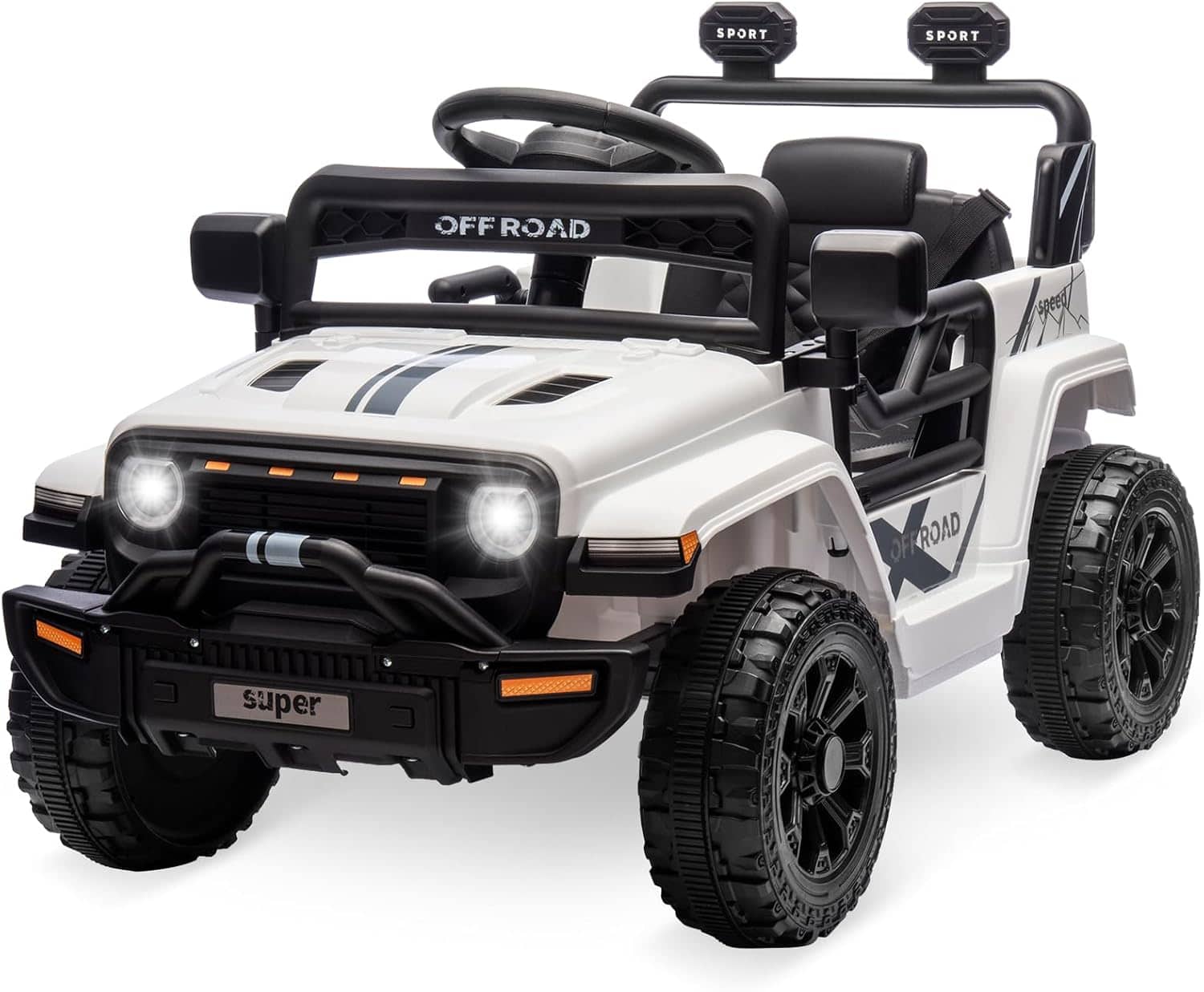 Jojoka - 12V Kids Electric Ride-On Truck, Battery Powered Car with Remote Control, LED Lights, Music & 2-Speed Suspension - White