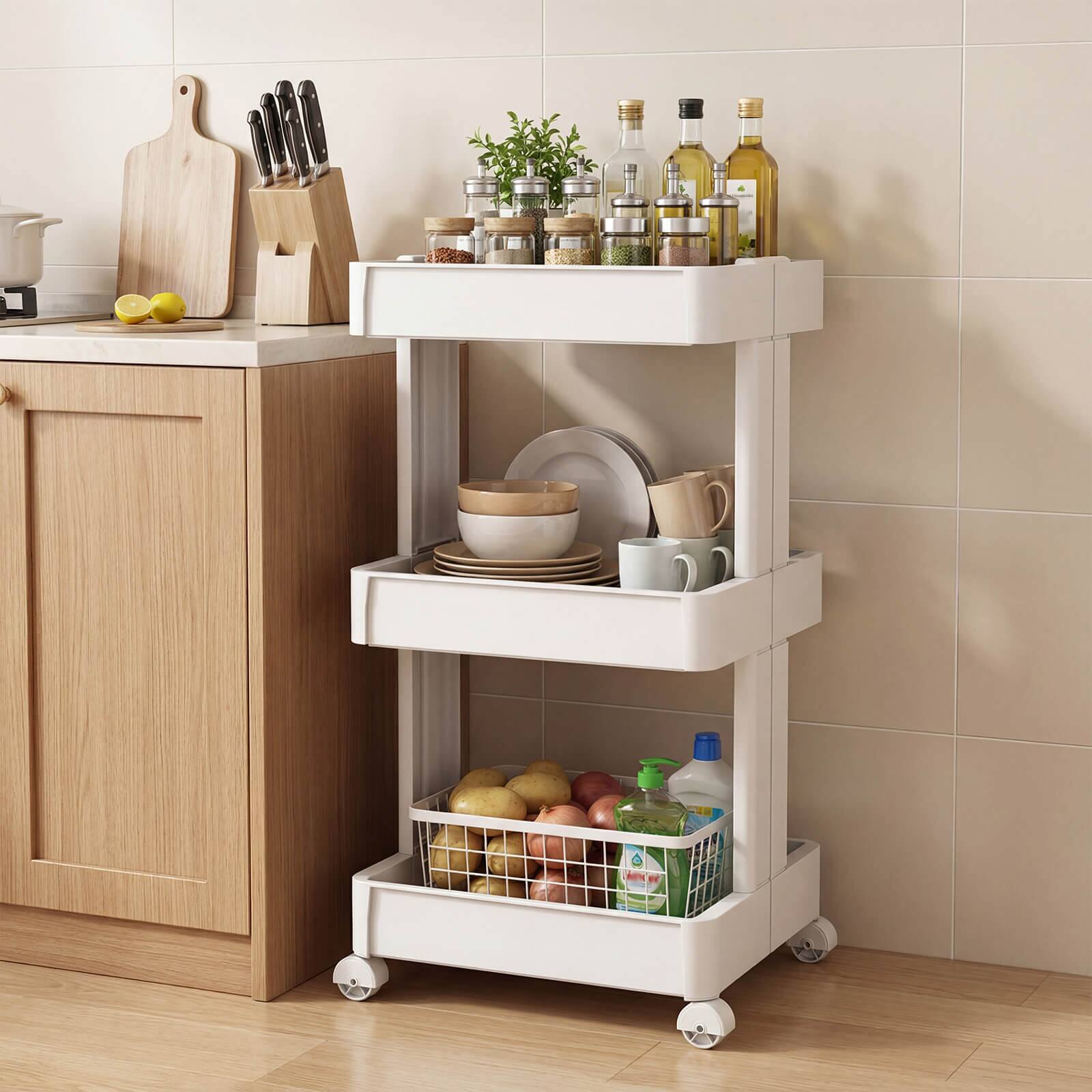 Alt View 3. Costway - Costway 3-Tier Rolling Utility Cart with Detachable Trays and Smooth Wheels for Kitchen - Off White.