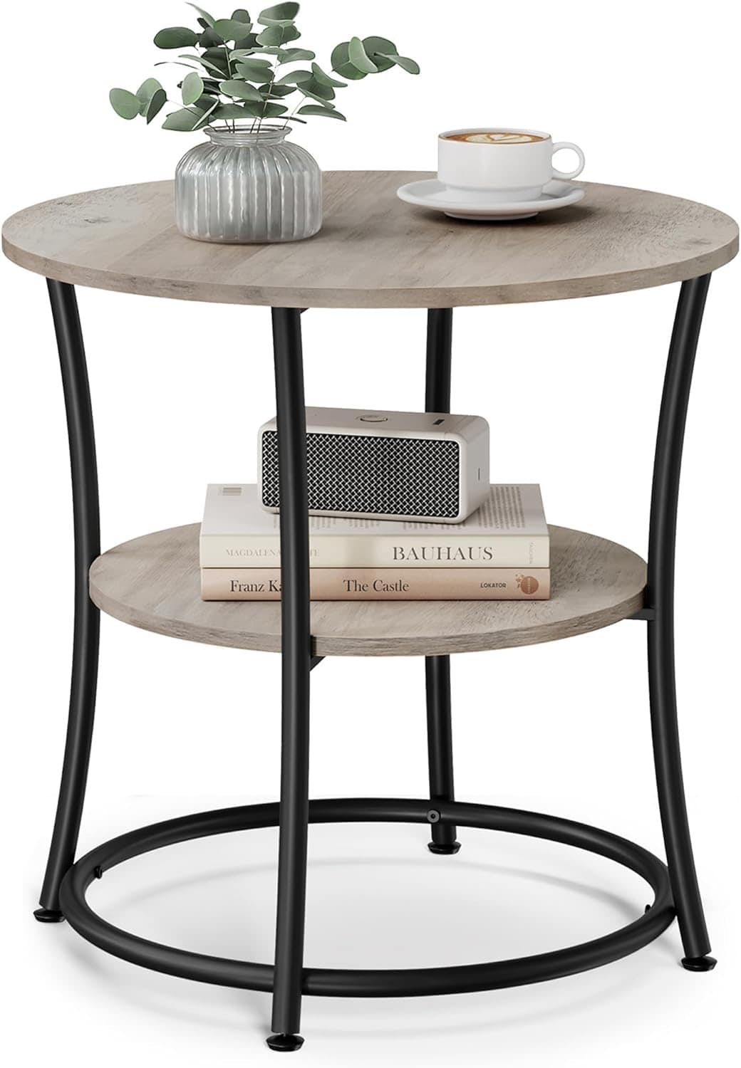 Songmics Home - VASAGLE Round Side Table with 2 Storage Shelves, Greige and Ink Black - Gray