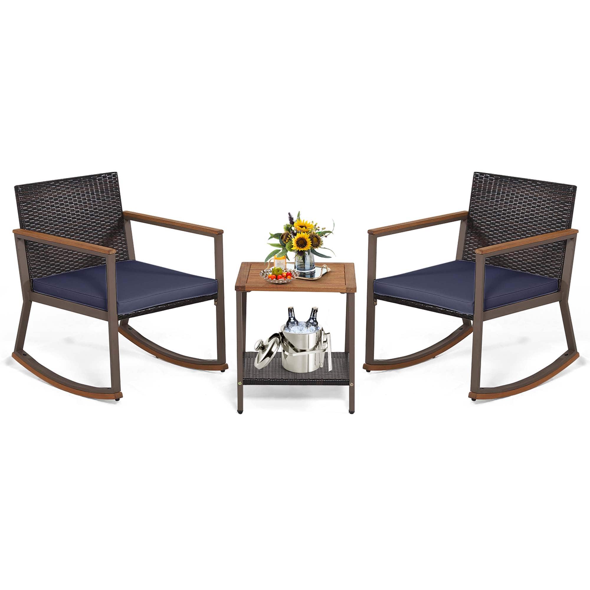 Costway - 3 PCS Patio Rattan Rocking Chair Bistro Set Armrest Cushion Table with Storage Shelf - Navy