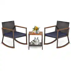 Front. Costway - 3 PCS Patio Rattan Rocking Chair Bistro Set Armrest Cushion Table with Storage Shelf - Navy.
