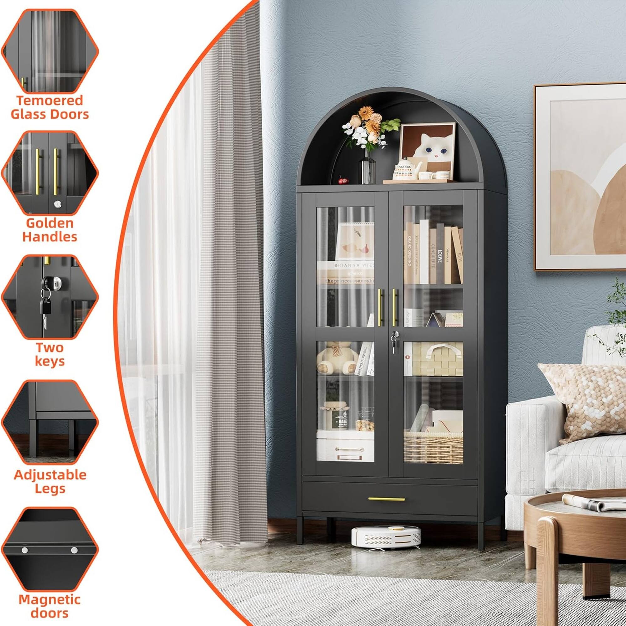 Tempered Glass Doors  
Golden Handles  
Two keys  
Adjustable Legs  
Magnetic doors