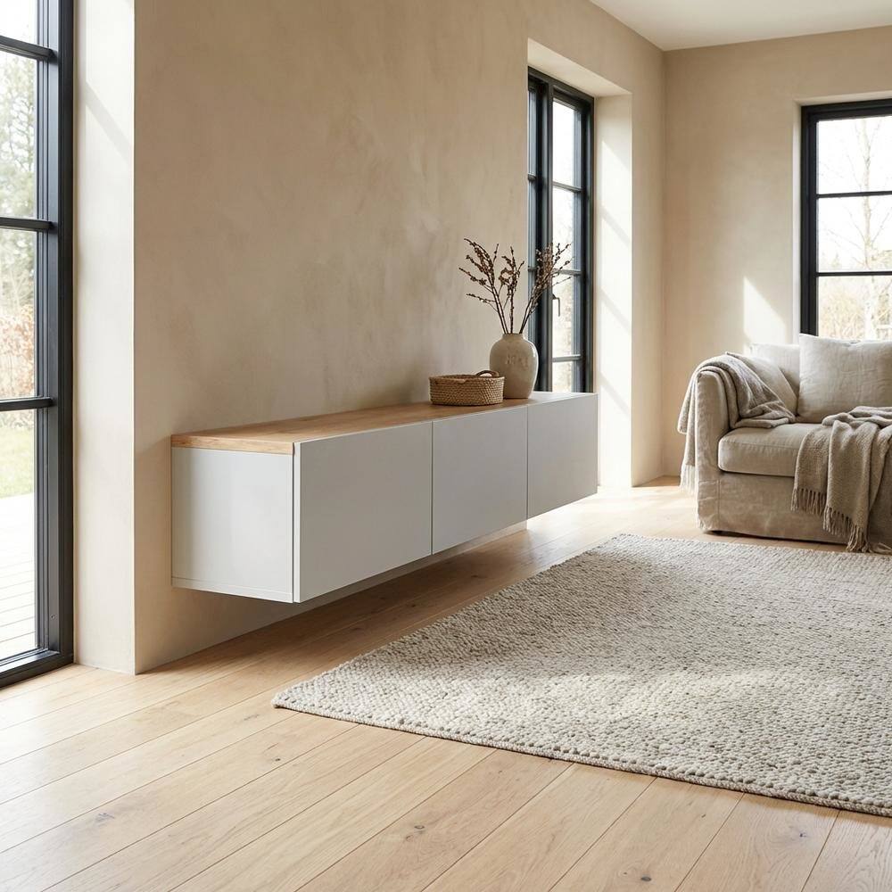 Alt View 2. FurniFact - Wall-Mounted TV Stand for Up to 75 Inch Displays in White and Sapphire Oak** - Brown.