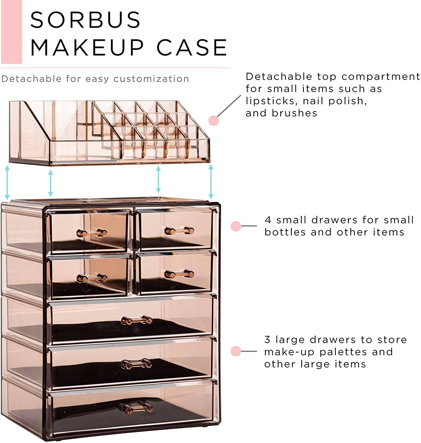 SORBUS MAKEUP CASE

- Detachable for easy customization
- Detachable top compartment for small items such as lipsticks, nail polish, and brushes
- 4 small drawers for small bottles and other items
- 3 large drawers to store make-up palettes and other large items