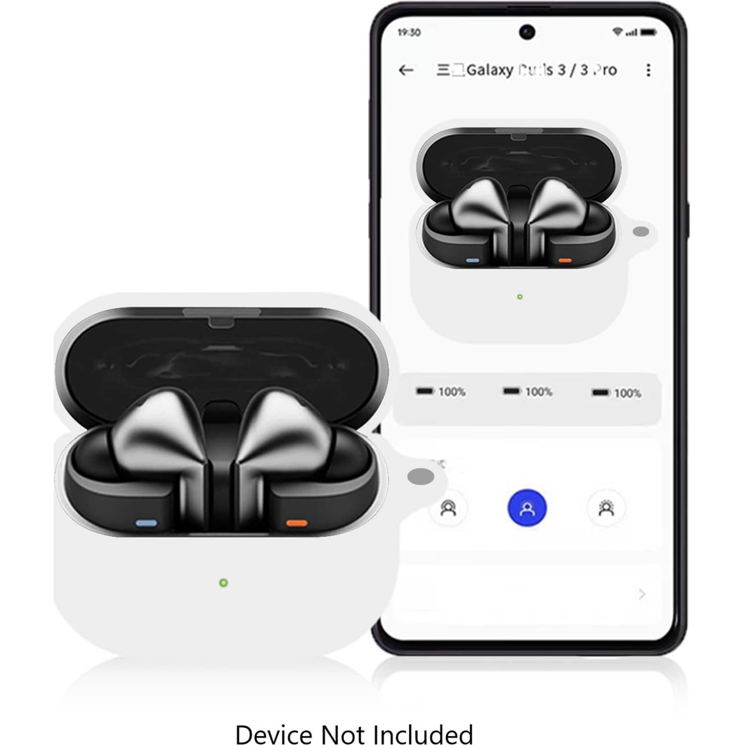 The image shows a pair of earphones displayed on a smartphone screen. The earphones are described as "Galaxy Buds" and are shown in a case. The screen displays a 100% battery life indicator, indicating that the earphones are fully charged. The image also includes a disclaimer stating that the device is not included.