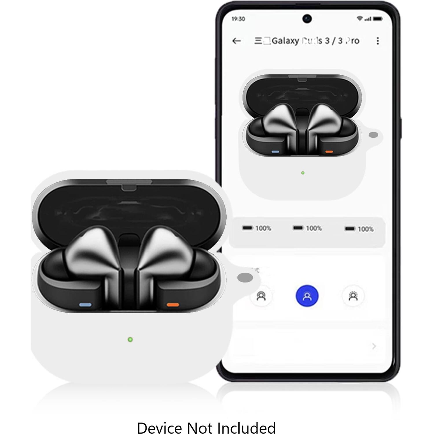 The image shows a pair of earphones displayed on a smartphone screen. The earphones are described as "Galaxy Buds" and are shown in a case. The screen displays a 100% battery life indicator, indicating that the earphones are fully charged. The image also includes a disclaimer stating that the device is not included.