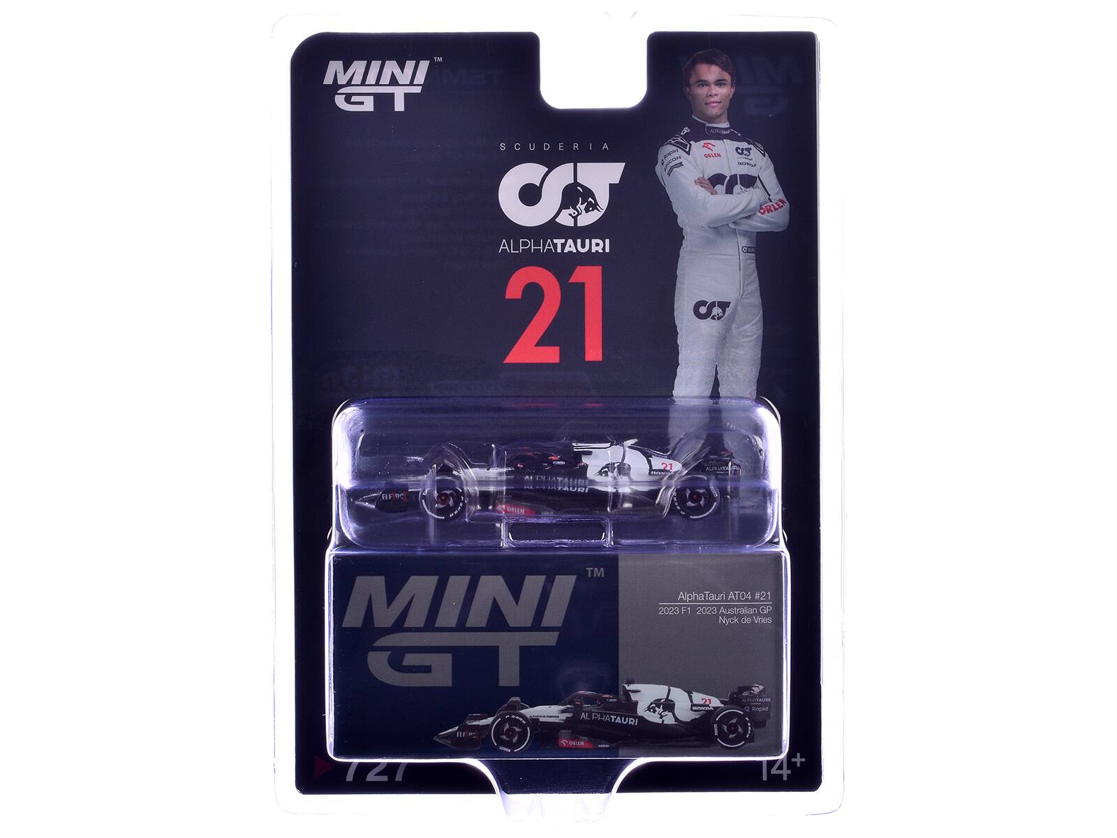 MINI GT  
SCUDERIA  
ALPHATAURI  
21  

IM 9  
S CT VELIN ORLE CS 23  

Nina 1  
TM AlphaTauri AT04 #21  

MINI 2025 F1 2023  
Nyck de Vries  
CP GT 213 2  

ALPHATAURI  
O 14+