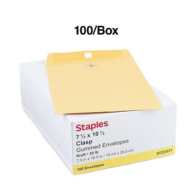 100/Box Staples 7 1/2 x 10 1/2 Clasp Envelopes Gummed Kraft 28 lb 7.5 in x 10.5 in 19 cm x 26.6 cm 100 Envelopes ST233577