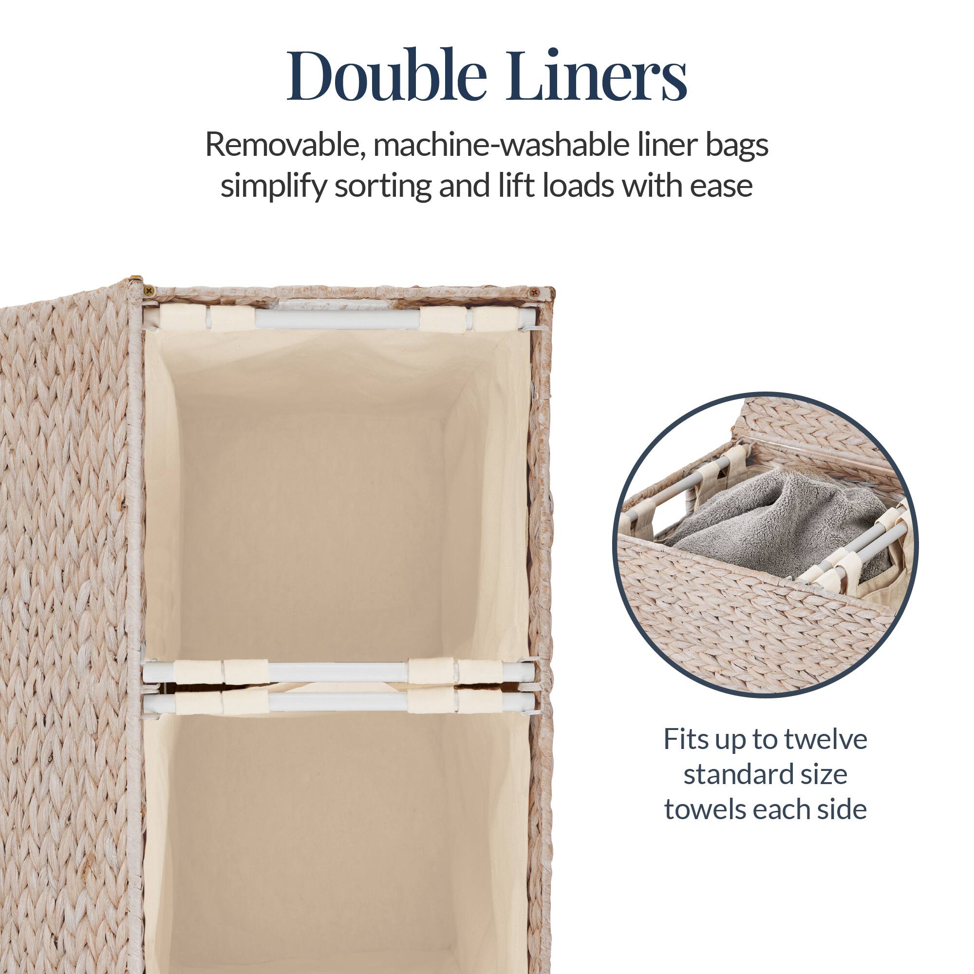 Double Liners

Removable, machine-washable liner bags simplify sorting and lift loads with ease

Fits up to twelve standard size towels each side
