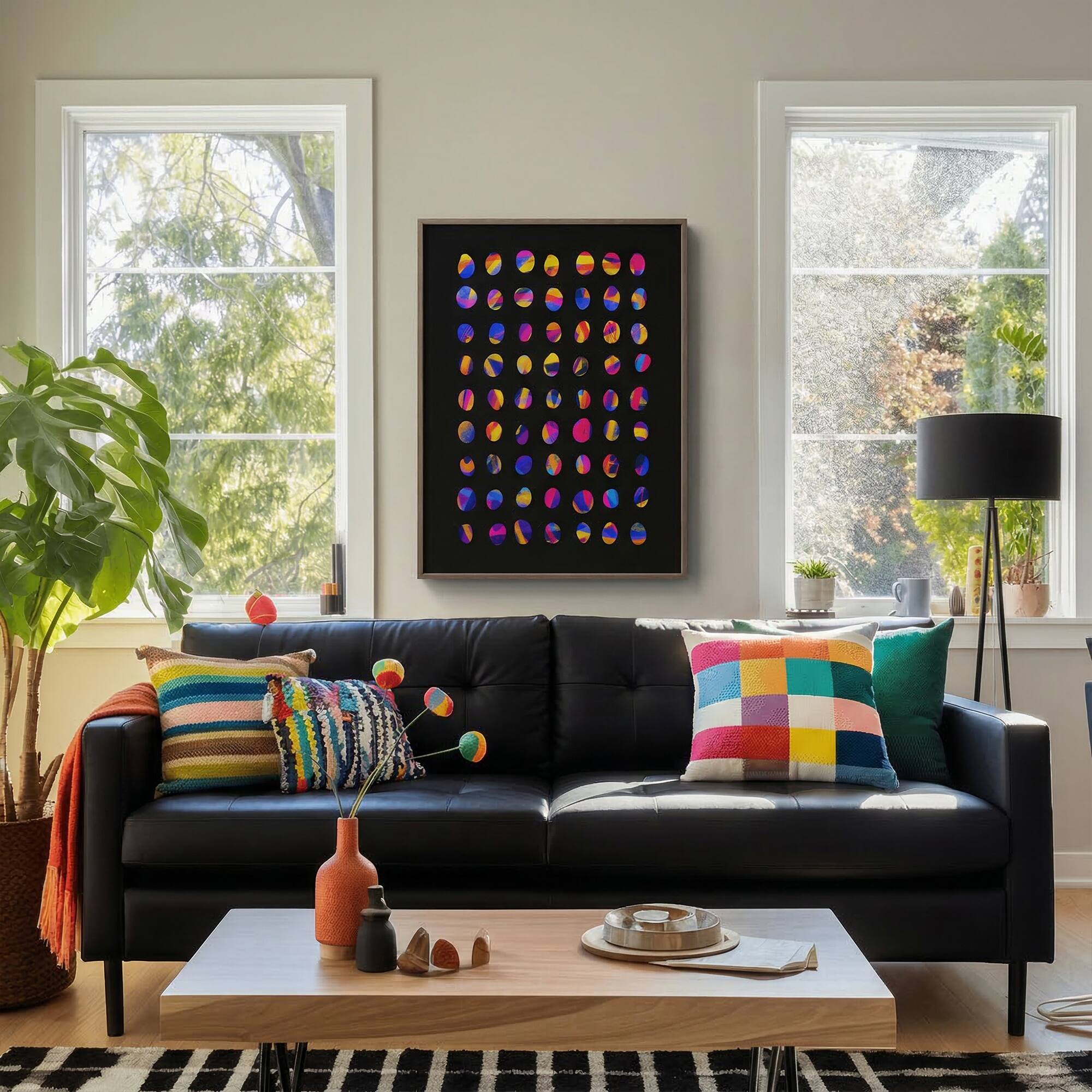Back. HOMLUX - 1 Piece Framed Abstract Canvas Wall Art Black Background Circle Wall Decor Decorative Canvas Print 36 in. x 24 in. - Multi-Colored.