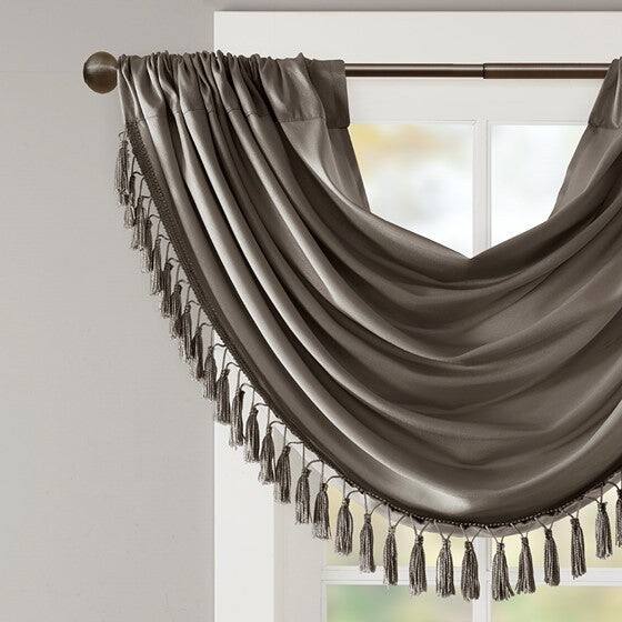 Left. BreeBe - Faux Silk Waterfall Embellished Valance Pewter 38x46' - Pewter.