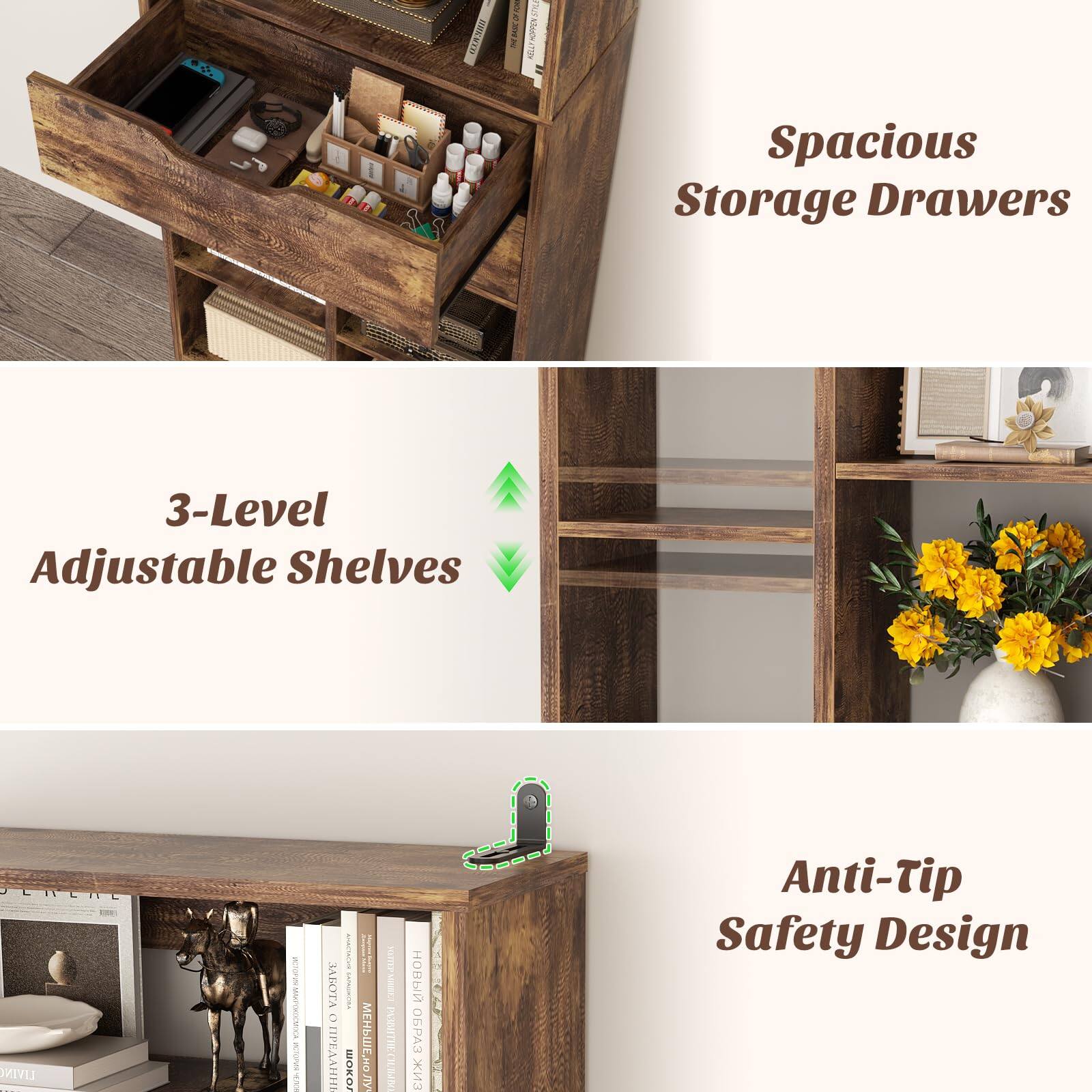 - Spacious Storage Drawers
- 3-Level Adjustable Shelves
- Anti-Tip Safety Design