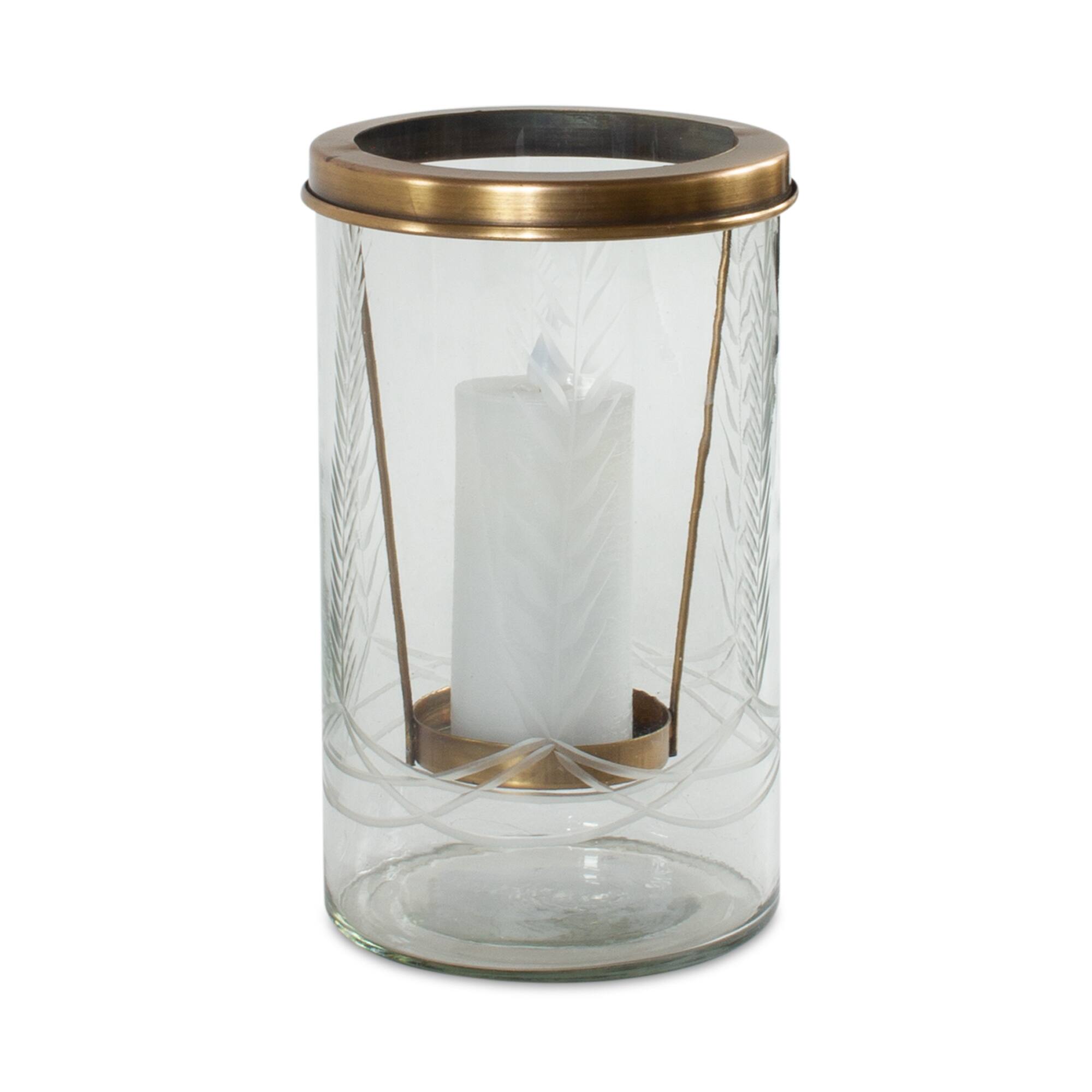 Angle. BreeBe - Etched Glass Candle Holder 8.5"H - Gold.
