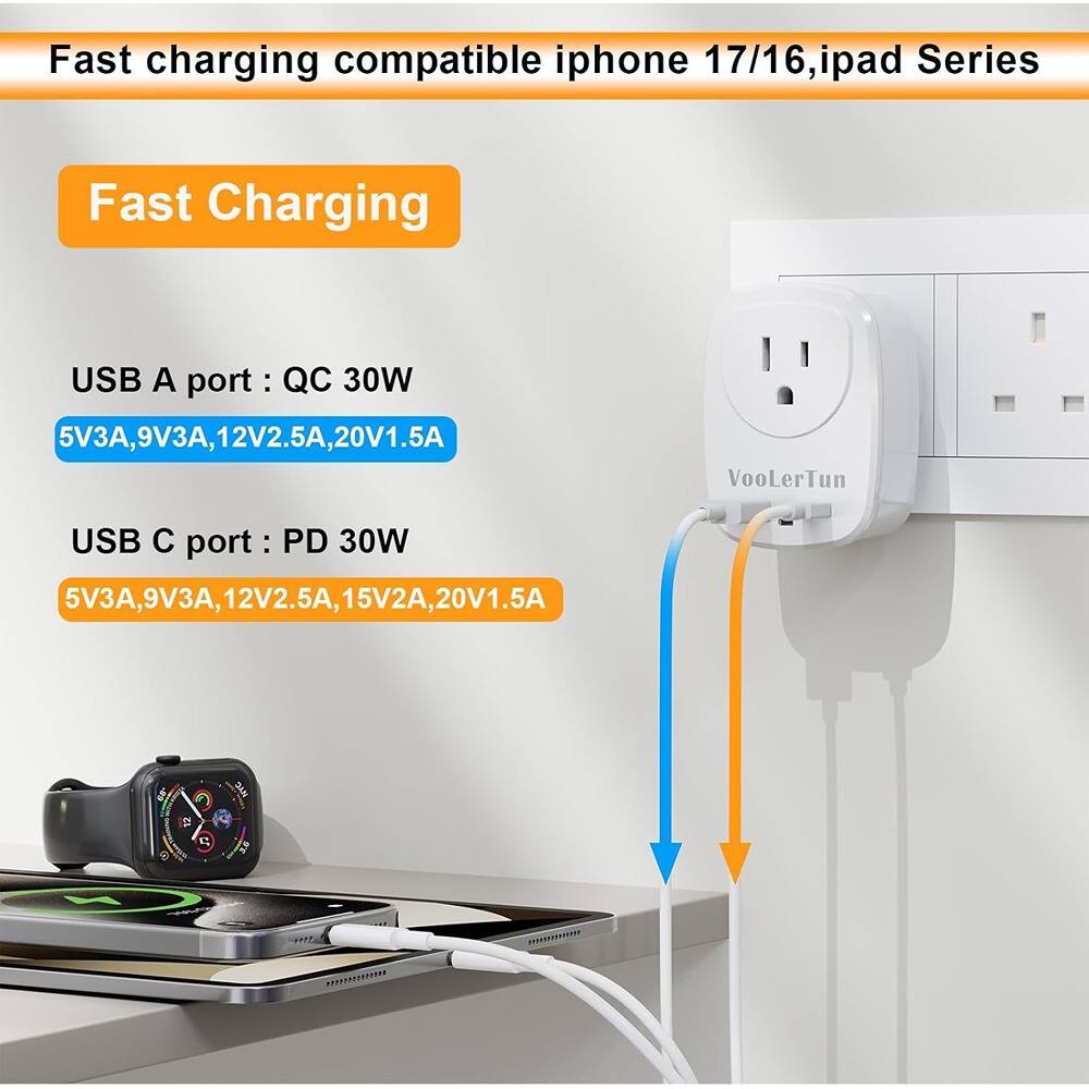Fast charging compatible iphone 17/16, ipad Series

Fast Charging

USB A port : QC 30W
5V3A, 9V3A, 12V2.5A, 20V1.5A

USB C port : PD 30W
5V3A, 9V3A, 12V2.5A, 15V2A, 20V1.5A
