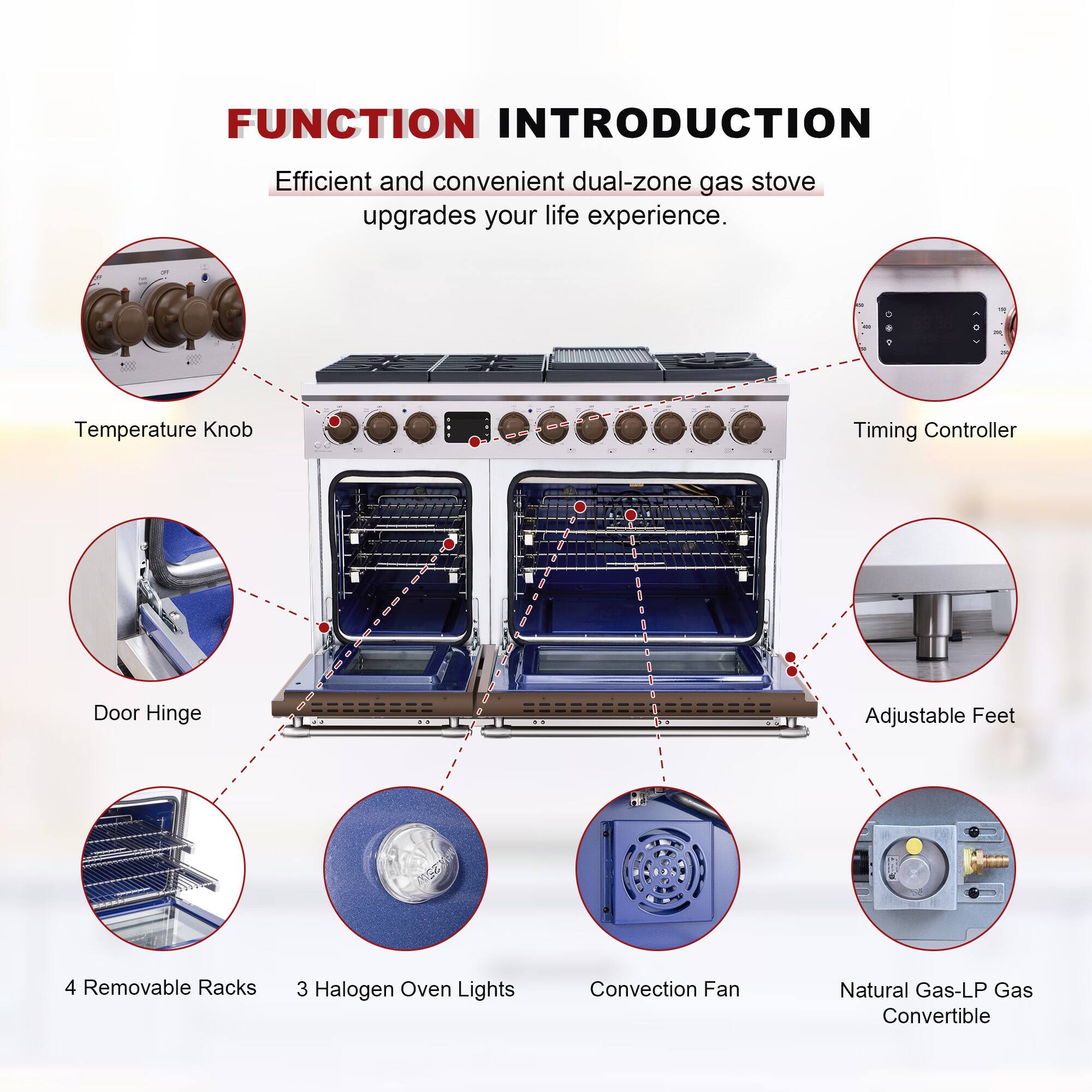 FUNCTION INTRODUCTION  
Efficient and convenient dual-zone gas stove upgrades your life experience.  

- Temperature Knob  
- Timing Controller  
- Door Hinge  
- Adjustable Feet  
- 4 Removable Racks  
- 3 Halogen Oven Lights  
- Convection Fan  
- Natural Gas-LP Gas Convertible