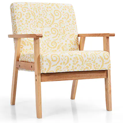 Front. Costway - Costway Modern Accent Armchair Upholstered Lounge Chair w/Rubber Wood Leg Yellow Floral - Yellow.