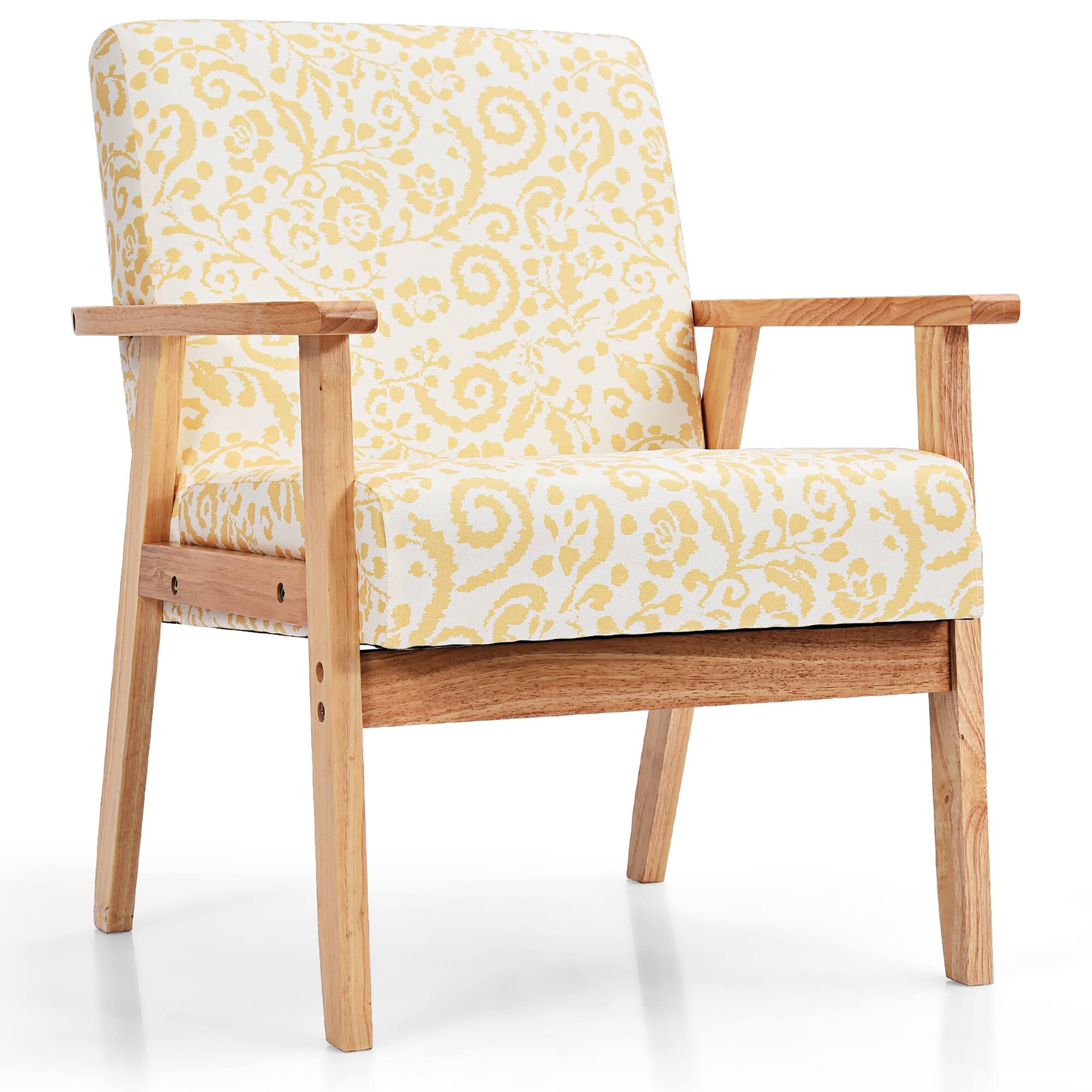 Front. Costway - Costway Modern Accent Armchair Upholstered Lounge Chair w/Rubber Wood Leg Yellow Floral - Yellow.