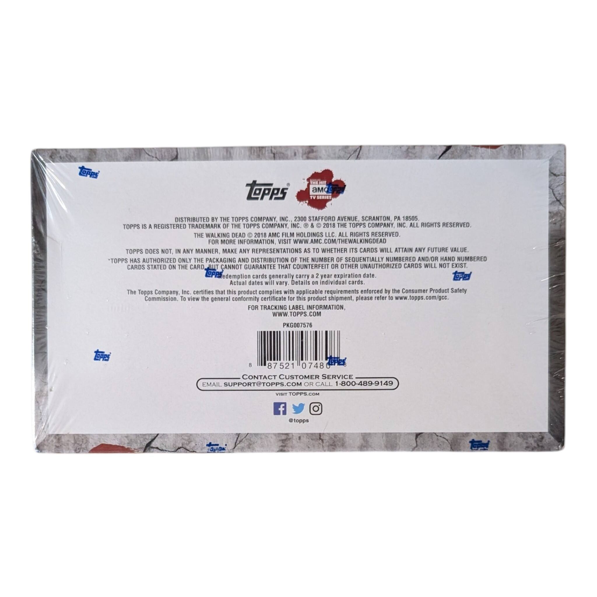 EPPS ePPs Fe DM6 TH - DISTRIBUTED BY THE TOPPS COMPANY NC. 2300 STAFFORD AVENUE SCRANTON PA 18505 TOPPS ES A REGISTERED TRADEMARK OF THE TOPPS COMPANY, NC &  2018 THE TOPPS COMPANY NC. ALL RIGHTS RESERVED THE WALKING DEAD C 2018 AMC FILM HOLDINGS LLC. ALL RIGHTS RESERVED FOR MORE INFORMATION VISIT WWW.AMC.COM/THEWALKINGDEAD TOPPS DOES NOT, IN ANY MANNER, MAKE ANY REPRESENTATIONS AS TO WHETHER ITS CARDS WILL ATTAIN ANY FUTURE VALUE TOPPS HAS AUTHORIZED ONLY THE PACKAGING AND DISTRIBUTION OF THE NUMBER OF SEQUENTIALLY NUMBERED AND/OR HAND NUMBERED CARDS STATED ON THE CARD. IT CANNOT GUARANTEE THAT COUNTERFEIT OR OTHER UNAUTHORIZED CARDS WILL NOT EXIST. EPPS redemption cards generally carry a 1-2 year expiration date. Actual dates will vary. Details on individual cards. The Topps Company Inc. certifies that this product complies with applicable requirements enforced by the Consumer Product Safety Commission. To view the general conformity certificate for this product, please
