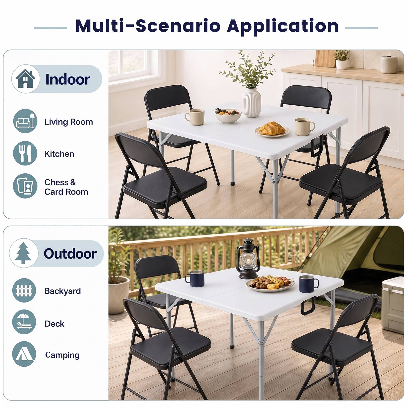 Multi-Scenario Application

Indoor
- Living Room
- Kitchen
- Chess & Card Room

Outdoor
- Backyard
- Deck
- Camping
