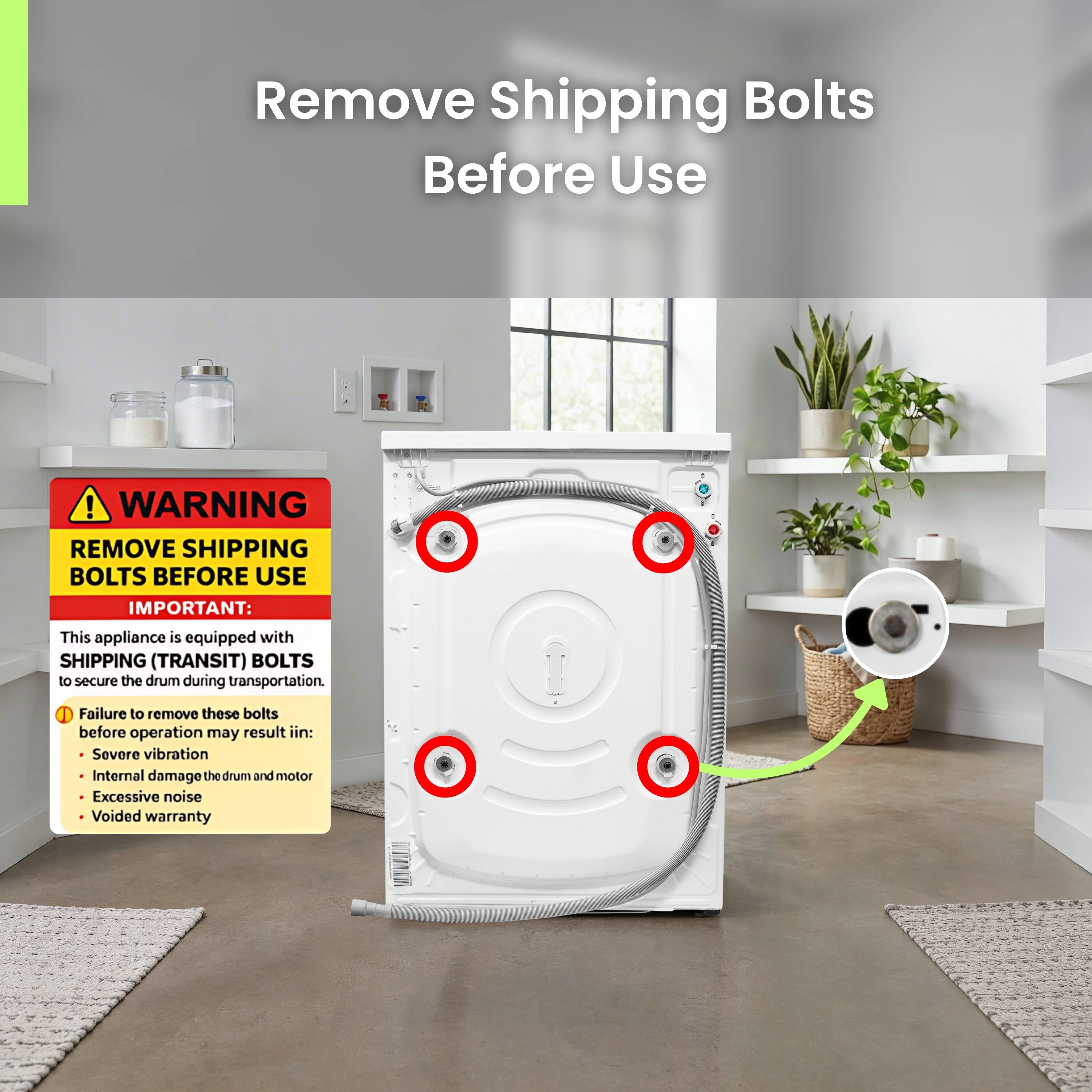 Remove Shipping Bolts Before Use

WARNING: REMOVE SHIPPING BOLTS BEFORE USE

IMPORTANT: This appliance is equipped with SHIPPING (TRANSIT) BOLTS to secure the drum during transportation. Failure to remove these bolts before operation may result in:
- Severe vibration
- Internal damage to the drum and motor
- Excessive noise
- Voided warranty