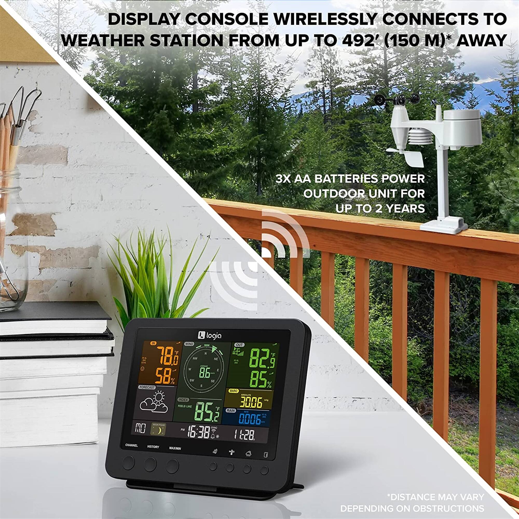 DISPLAY CONSOLE WIRELESSLY CONNECTS TO WEATHER STATION FROM UP TO 492' (150 M)* AWAY  
3X AA BATTERIES POWER OUTDOOR UNIT FOR UP TO 2 YEARS  

*DISTANCE MAY VARY DEPENDING ON OBSTRUCTIONS