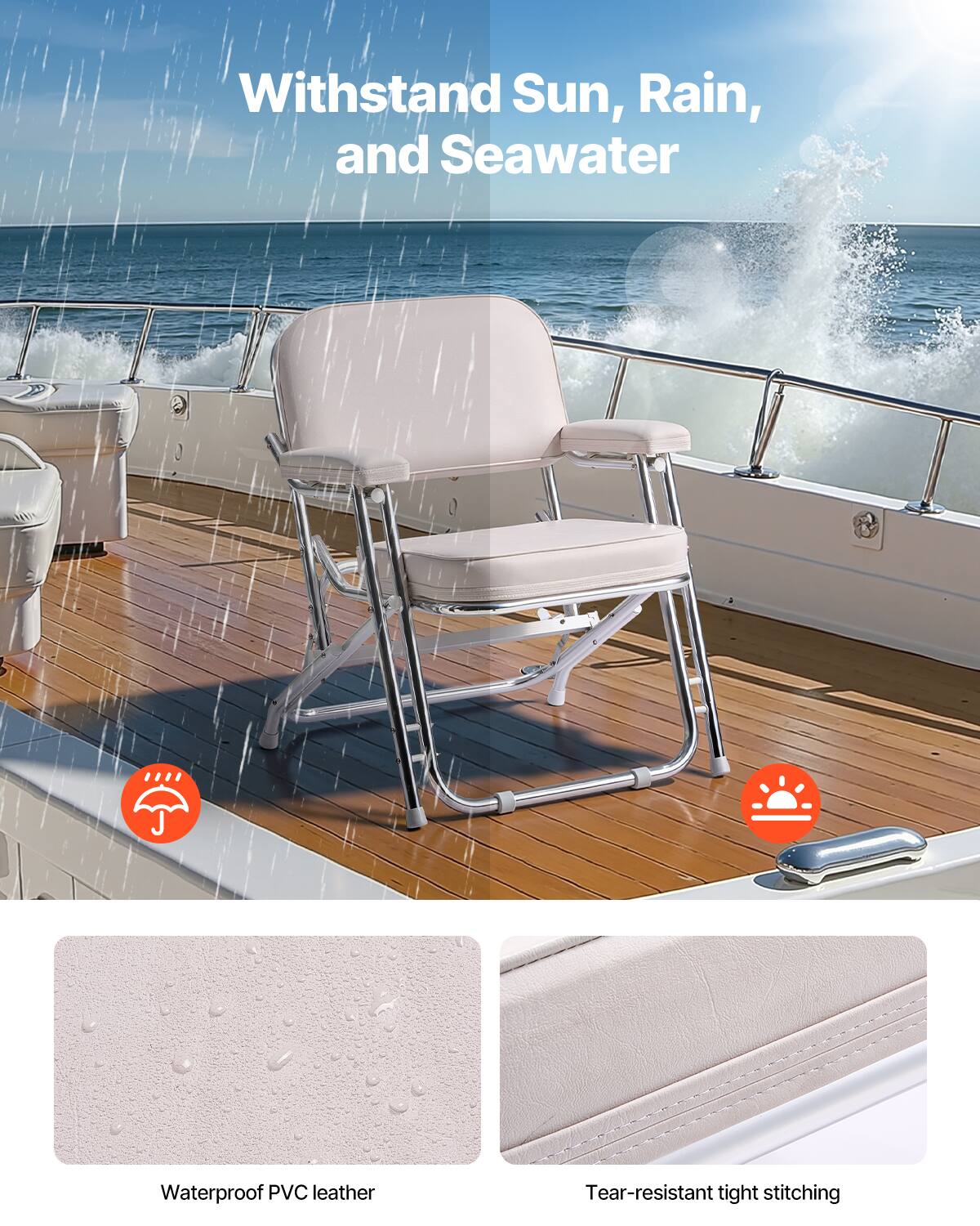 Withstand Sun, Rain, and Seawater

Waterproof PVC leather

Tear-resistant tight stitching