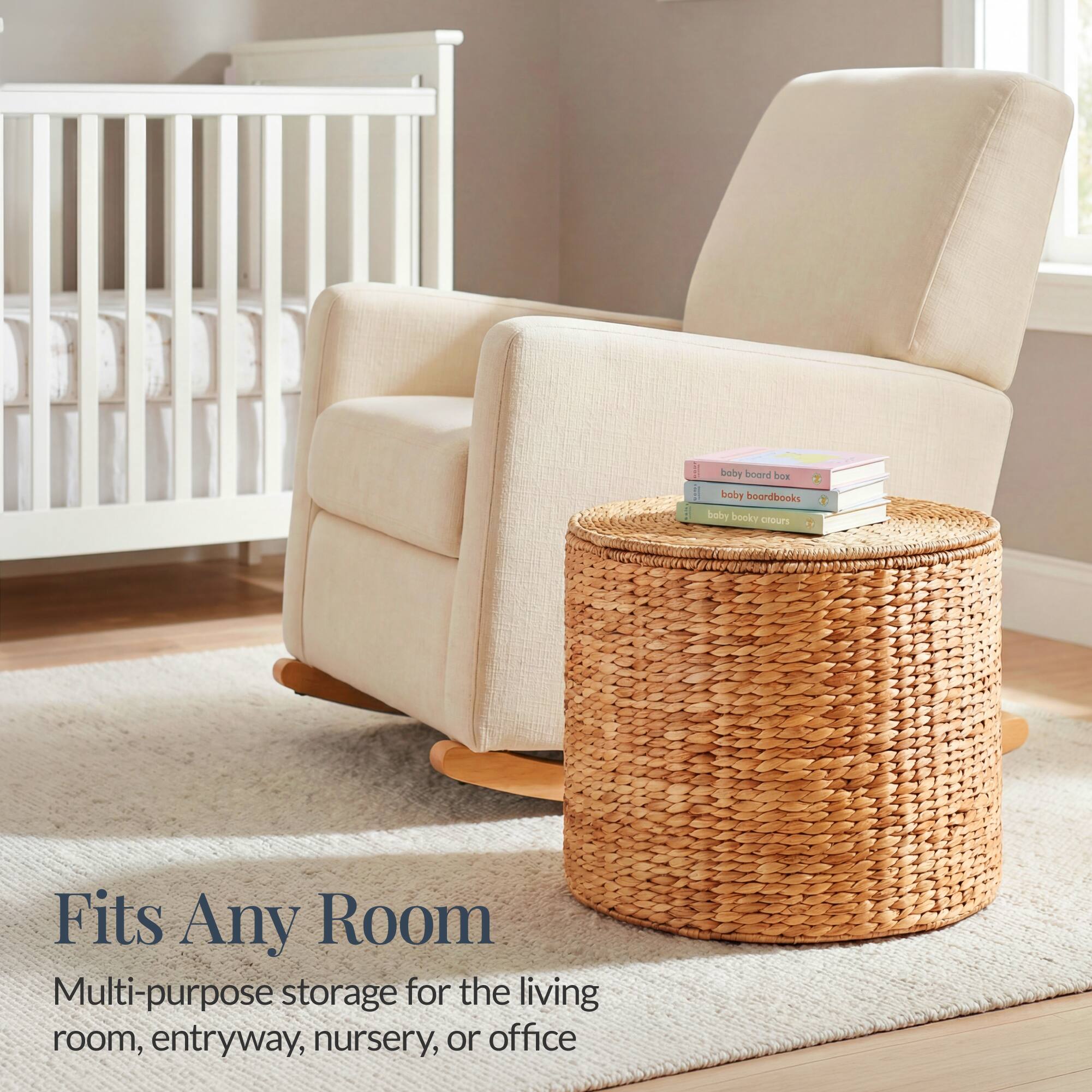 A baby board box, baby board books, baby book curls. Fits Any Room. Multi-purpose storage for the living room, entryway, nursery, or office.