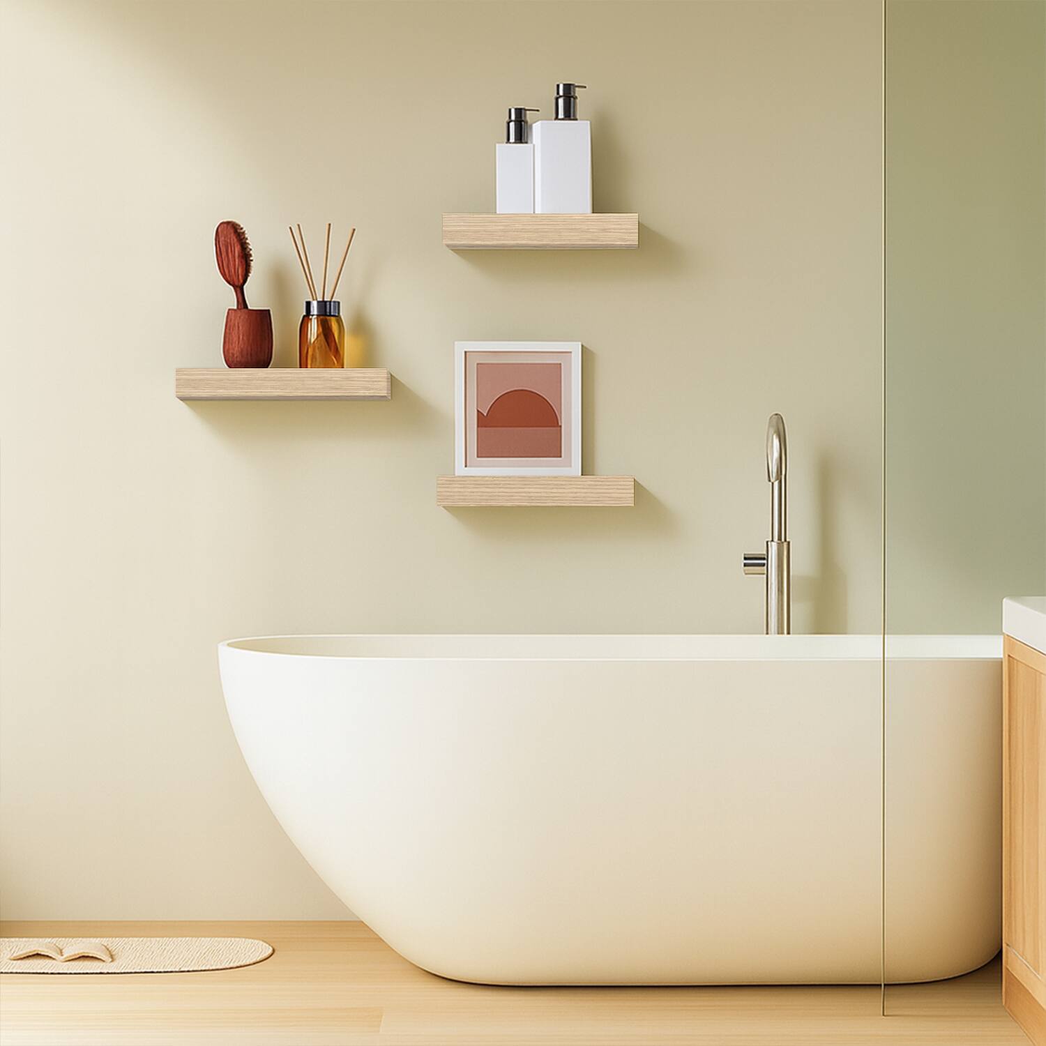 Alt View 4. BOMEDA - Floating Wall Shelves, Wooden Wall Shelf for Room or Bathroom Storage, Over Toilet Wall Organizer, 12x7x1.5 in, 3 Pack - Oak.