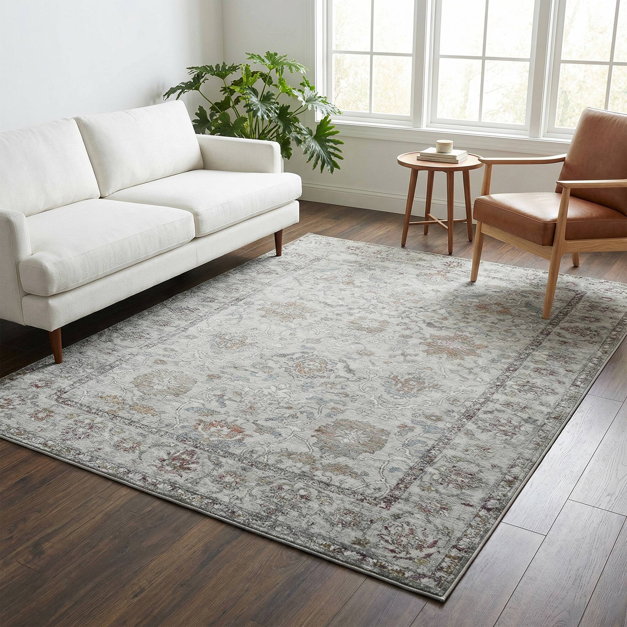 Angle. RYHNUYNE - 5x7 Neutral Floral Rugs, Vintage Style Washable Area Rug, Non Slip Soft Low Pile Rug for Living Room Farmhouse Nursery O - gray.