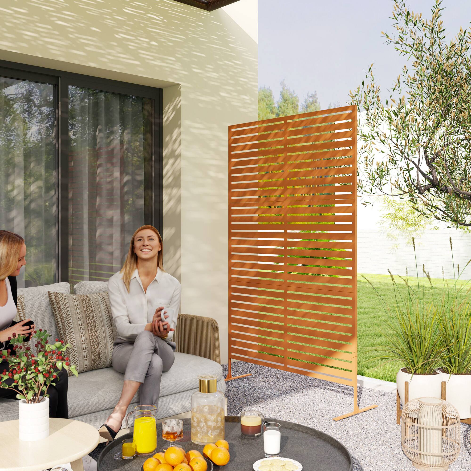 Alt View 1. Outsunny - Metal Outdoor Privacy Screen, 78" H x 48" W Decorative Privacy Fence Screen, Freestanding Outdoor Divider with Stand - Brown/Striped.