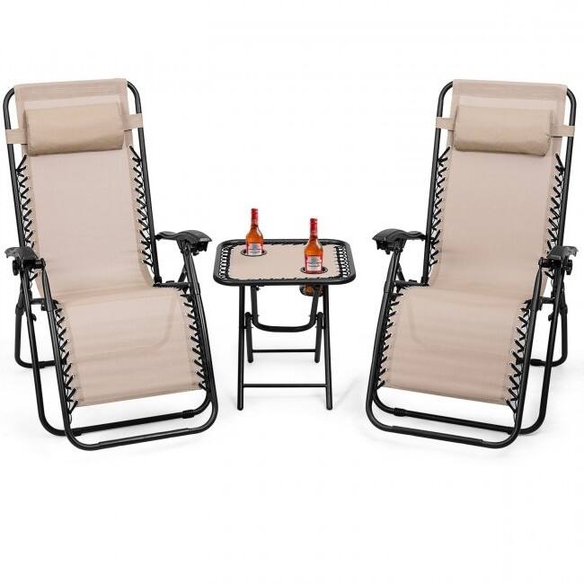 Front. SlickBlue - Portable 3-Piece Folding Reclining Lounge Set – Chairs with Table, Tan - Tan.