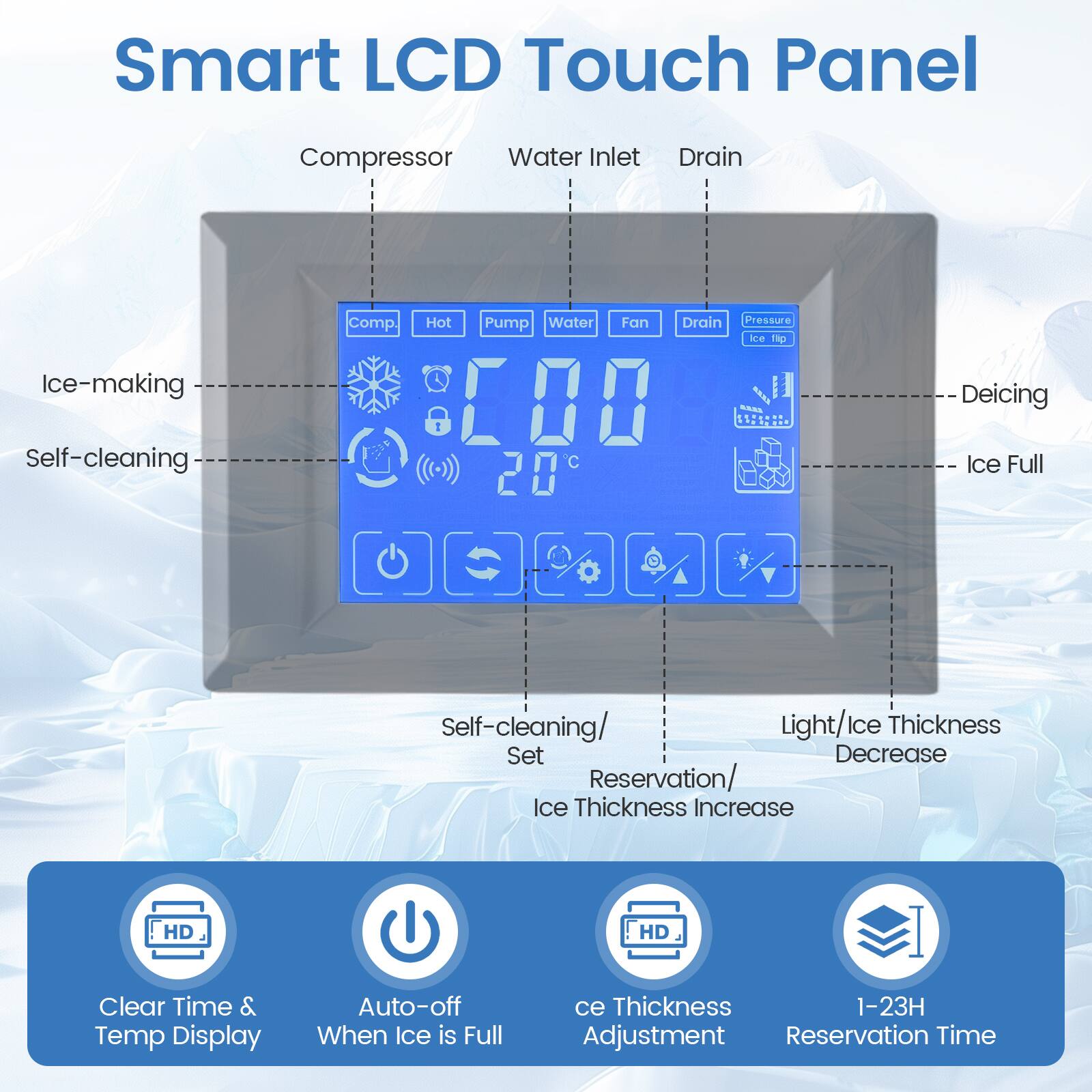 Smart LCD Touch Panel

- Compressor
- Water Inlet
- Drain
- Ice-making
- Self-cleaning
- Deicing
- Ice Full
- Self-cleaning/Set
- Reservation/Ice Thickness Increase
- Light/Ice Thickness Decrease
- Clear Time & Temp Display
- Auto-off When Ice is Full
- Ice Thickness Adjustment
- 1-23H Reservation Time

HD Clear Display