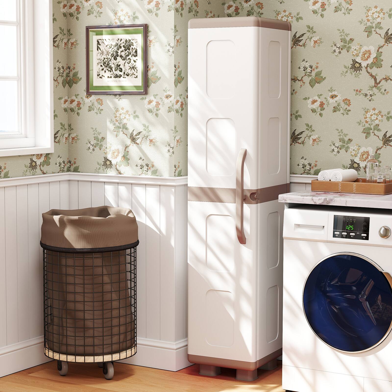 Alt View 4. Costway - Costway Slim Storage Cabinet with Single Door, Plastic Kitchen Pantry with 4 Shelves - Brown and White.