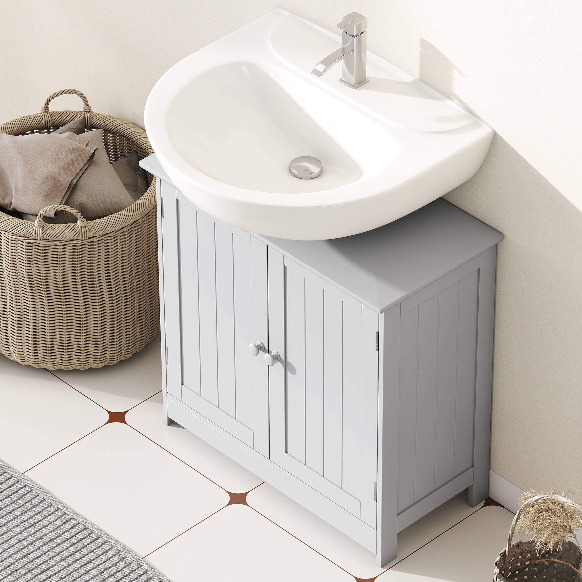 Alt View 4. Homcom - Under Sink Bathroom Cabinet, Pedestal Sink Storage Cabinet with 2 Doors, Shelf and U-Shape - Light Gray.