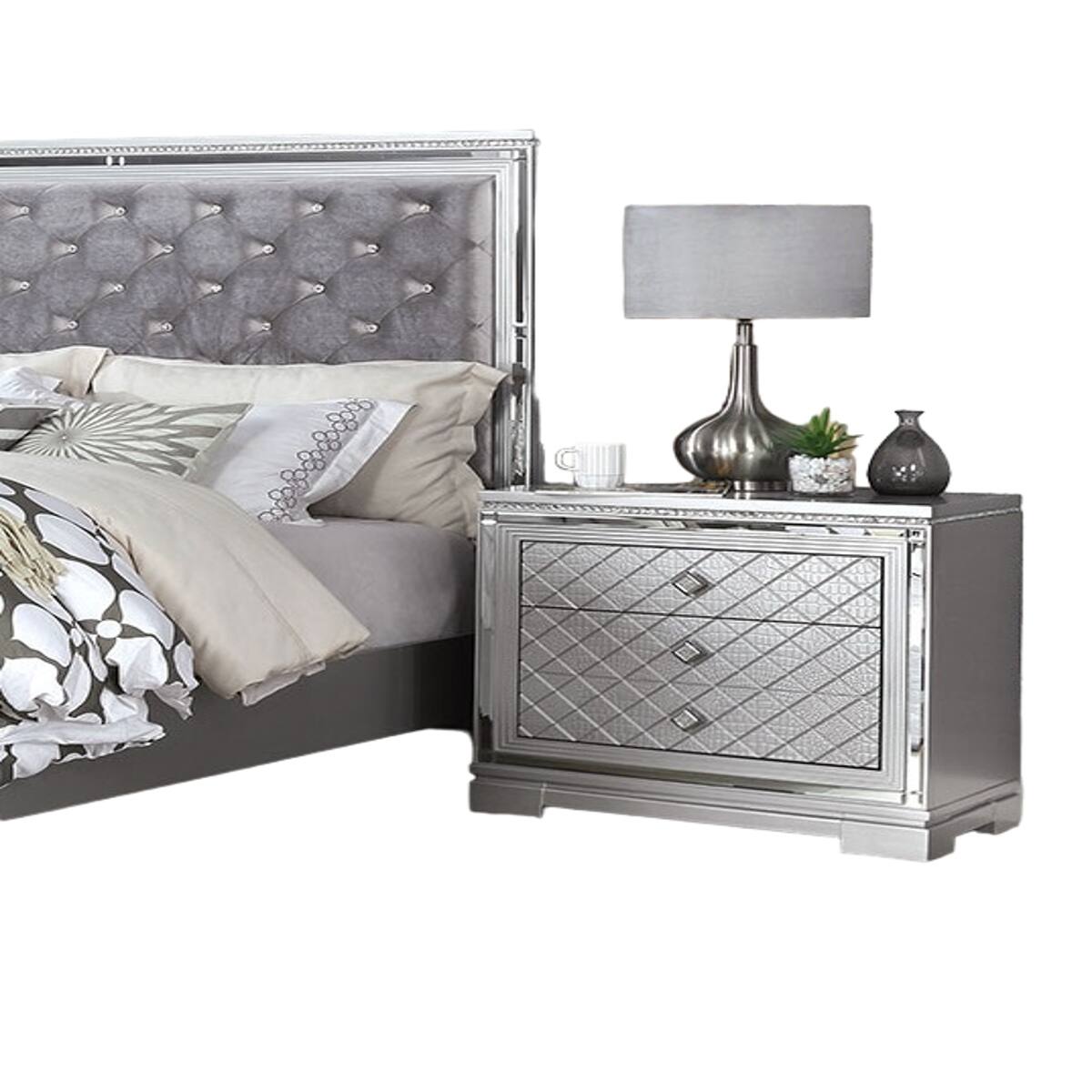 Alt View 2. Loheer - Loheer Silver Nightstand with USB Charger, Three-Drawer Bedside Cabinet with Hidden Jewelry Storage - Silver.