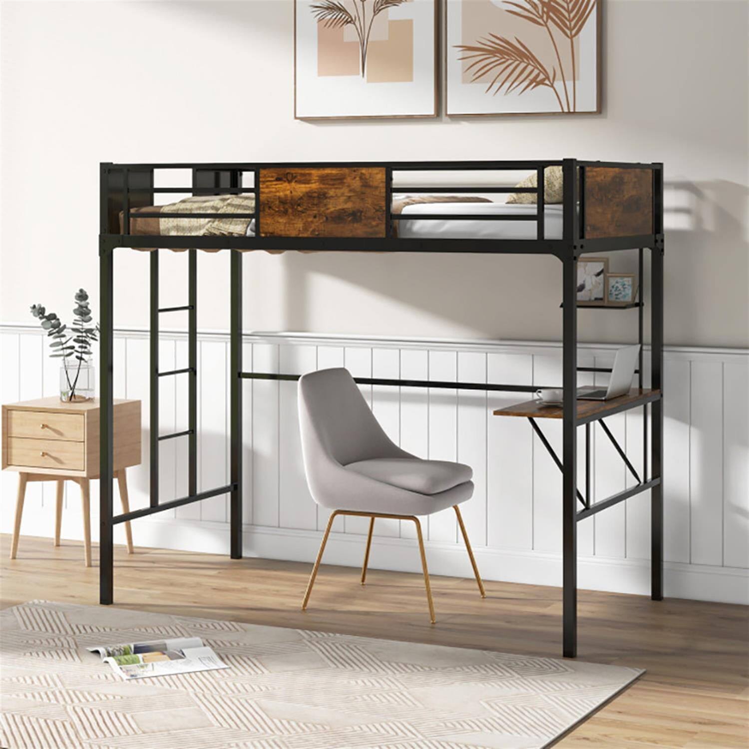 Alt View 5. Pefilos - Twin Size Industrial Metal Loft Bed with Desk Storage Shelf and Build-in Ladder for Teens, Black - Black.