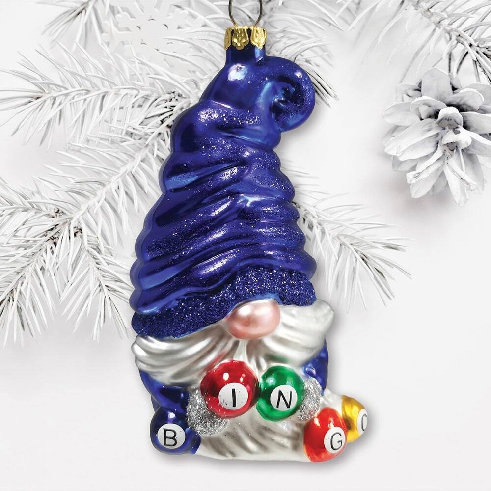 Back. OrnamentallyYou - Bingo Gnome Glass Christmas Ornament - Multi-colored.