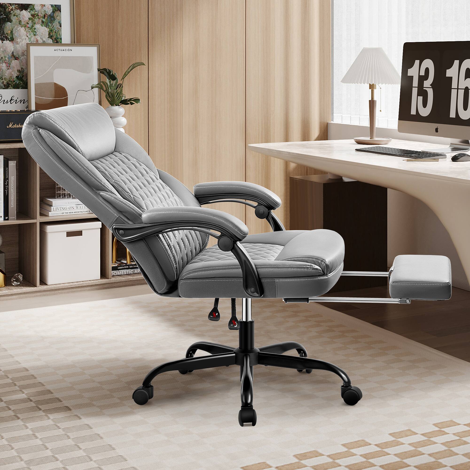 Brick Attic - High-back Executive Office Chair with Footrest And Lumbar Support, Ergonomically Designed, High-back Leather Chair - Gray