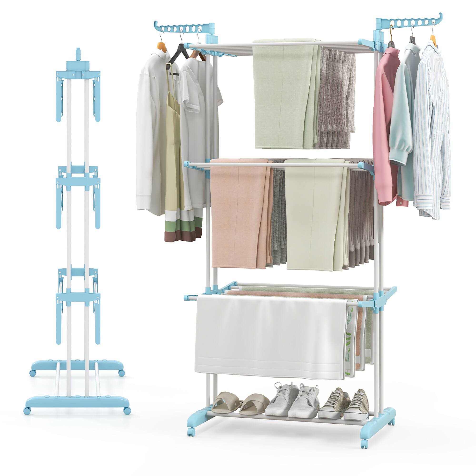 Alt View 9. Gymax - Gymax 3-tier Folding Clothes Drying Rack w/ Rotatable Side Wings & Collapsible Shelves - Navy.
